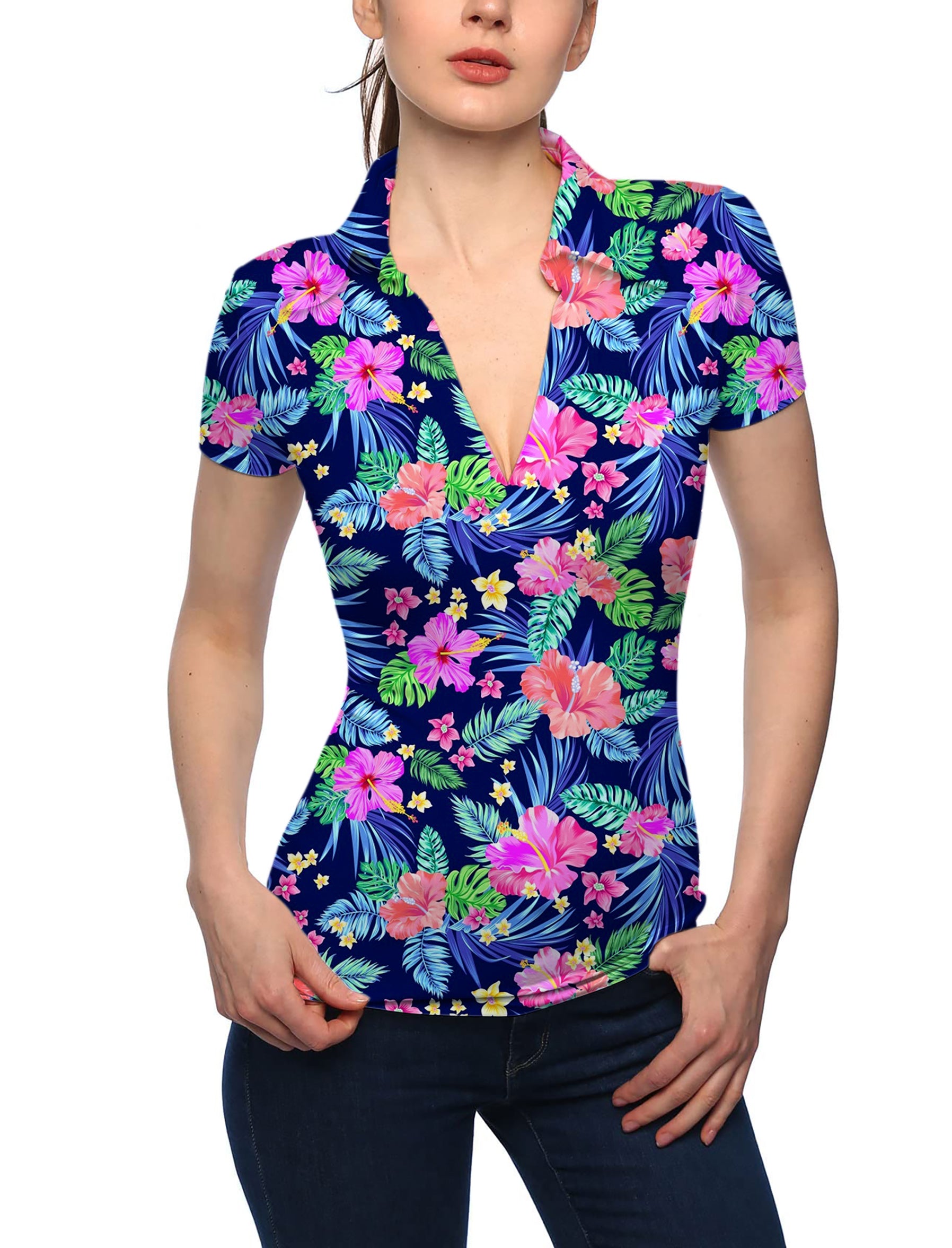 Women's Tropical flowers V Neck Golf Polo