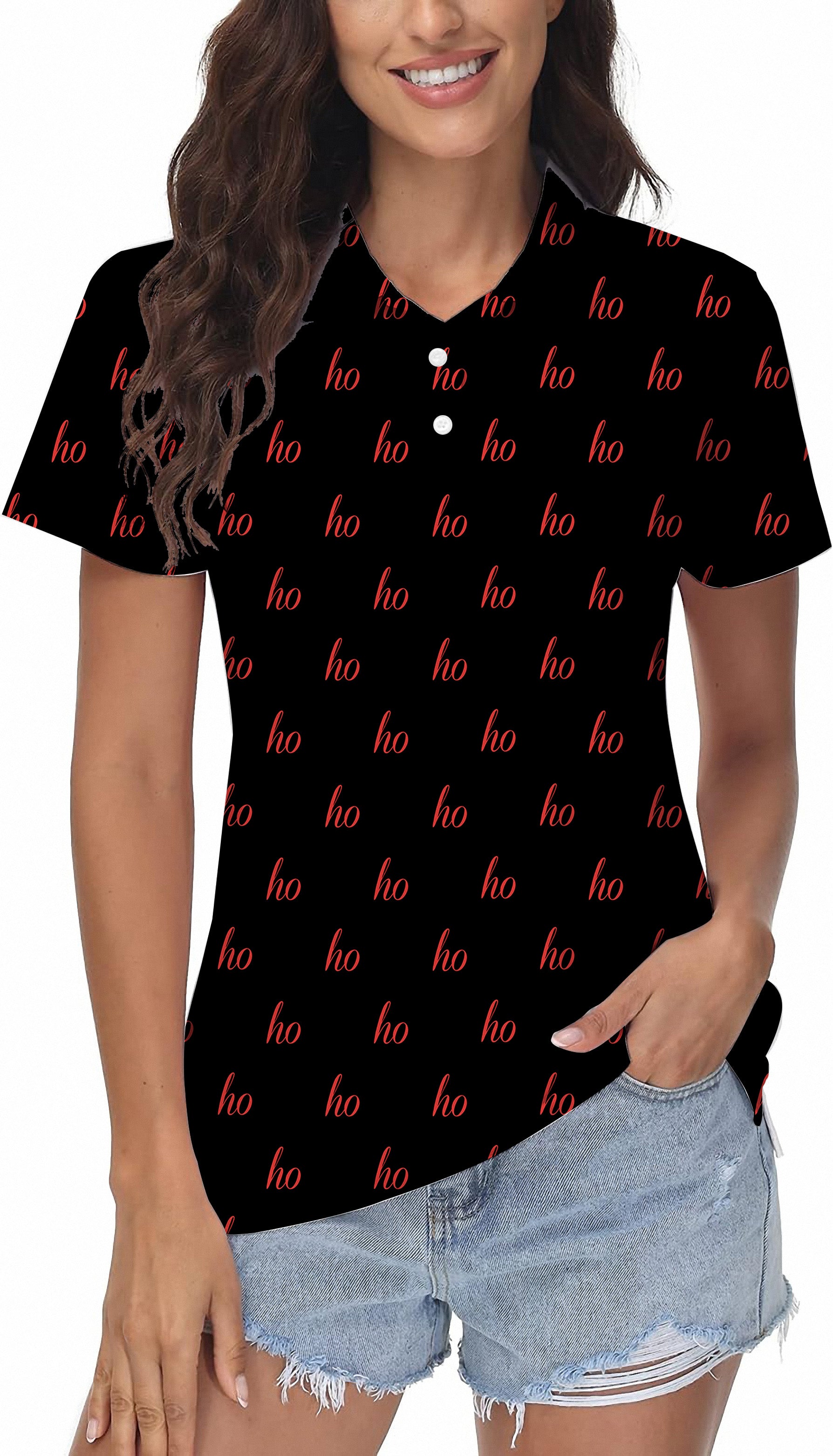 Black women's golf polo with red "ho" Christmas print, custom name option, wrinkle-resistant and moisture-wicking fabric