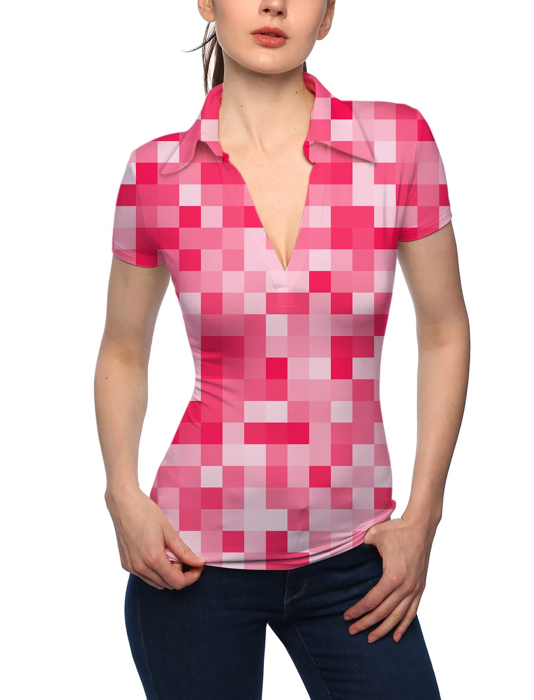 Women's Light Red Pixel Big V Neck Golf Polo