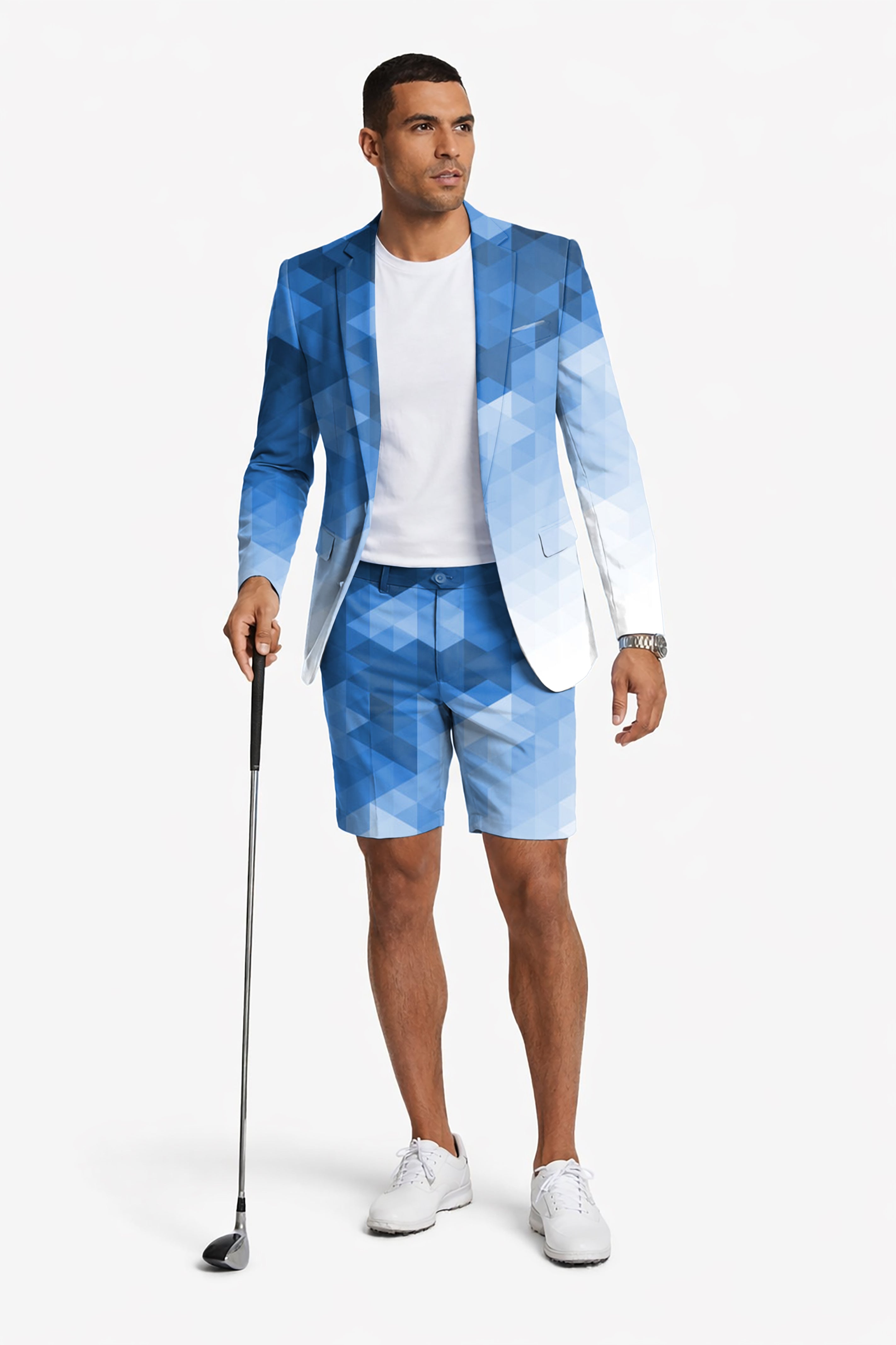 Abstract Blue Background With Triangular Pattern Men's Party Costumes-Theme Party 2pcs Suit set-Blazer Shorts
