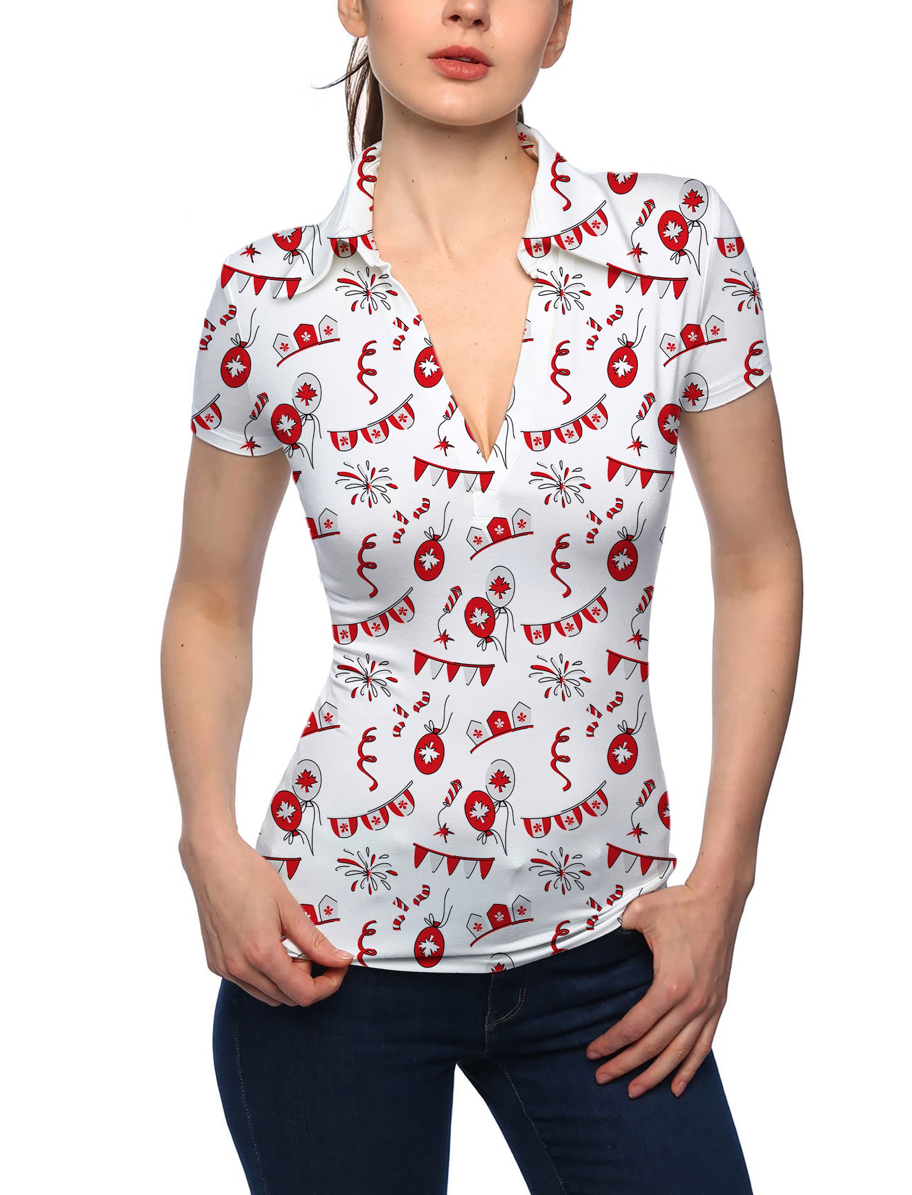 Women's Canadian Flag Celebration V Neck Golf Polo
