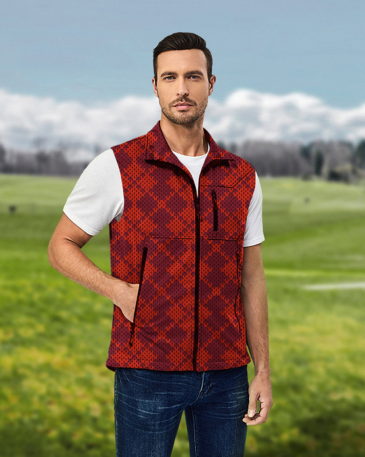Men's Christmas Red Lightweight Softshell Vest Sleeveless Jacket for Golf Windproof Waterproof