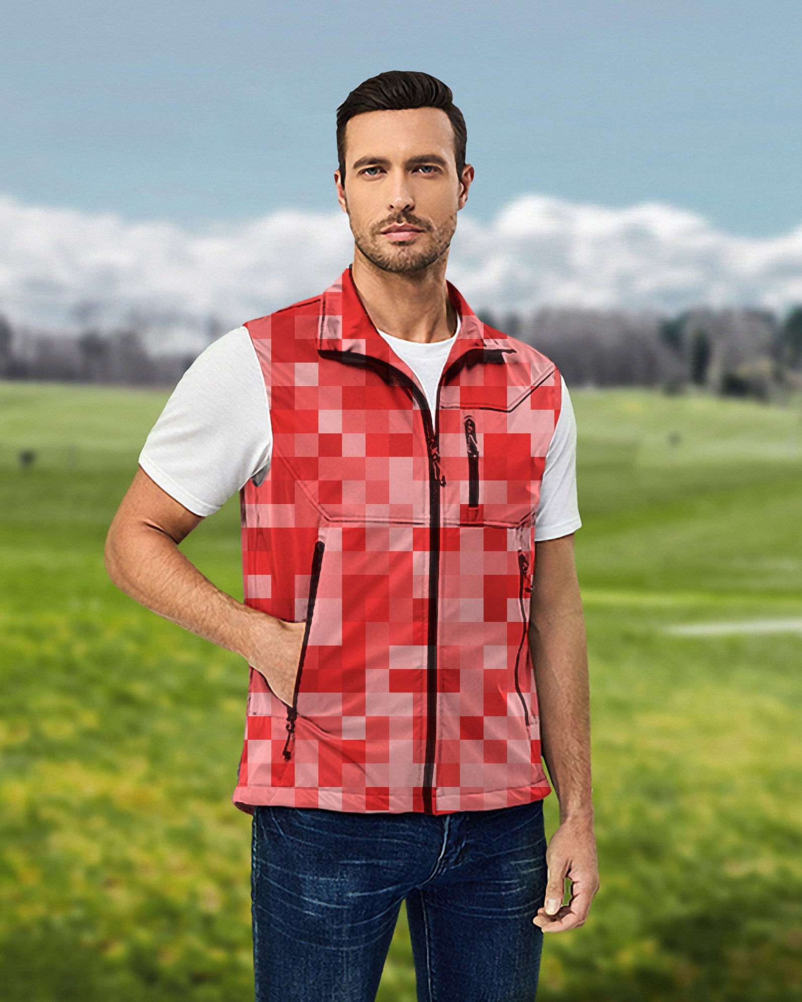 Men's Red Pixel Big Lightweight Softshell Vest Sleeveless Jacket for Golf Windproof Waterproof