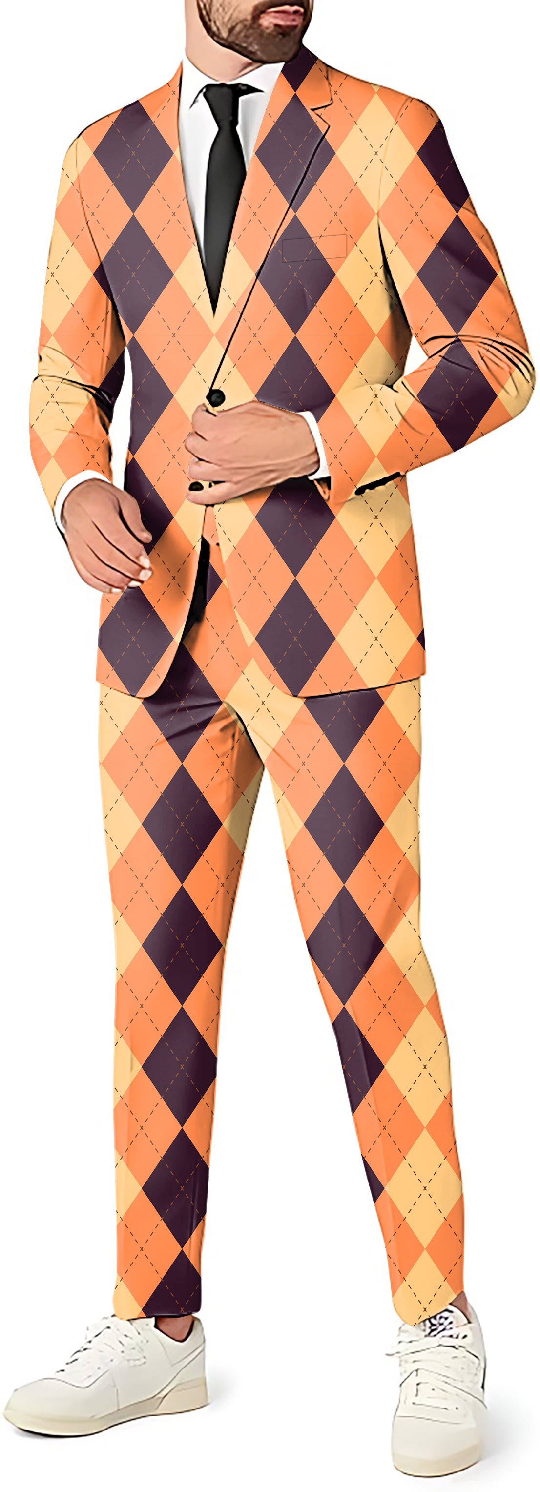 Halloween Black Light Yellow Orange Argyle Men's Party Costumes-Theme Party 2 or 3pcs Suit set-Blazer Pants & Vest