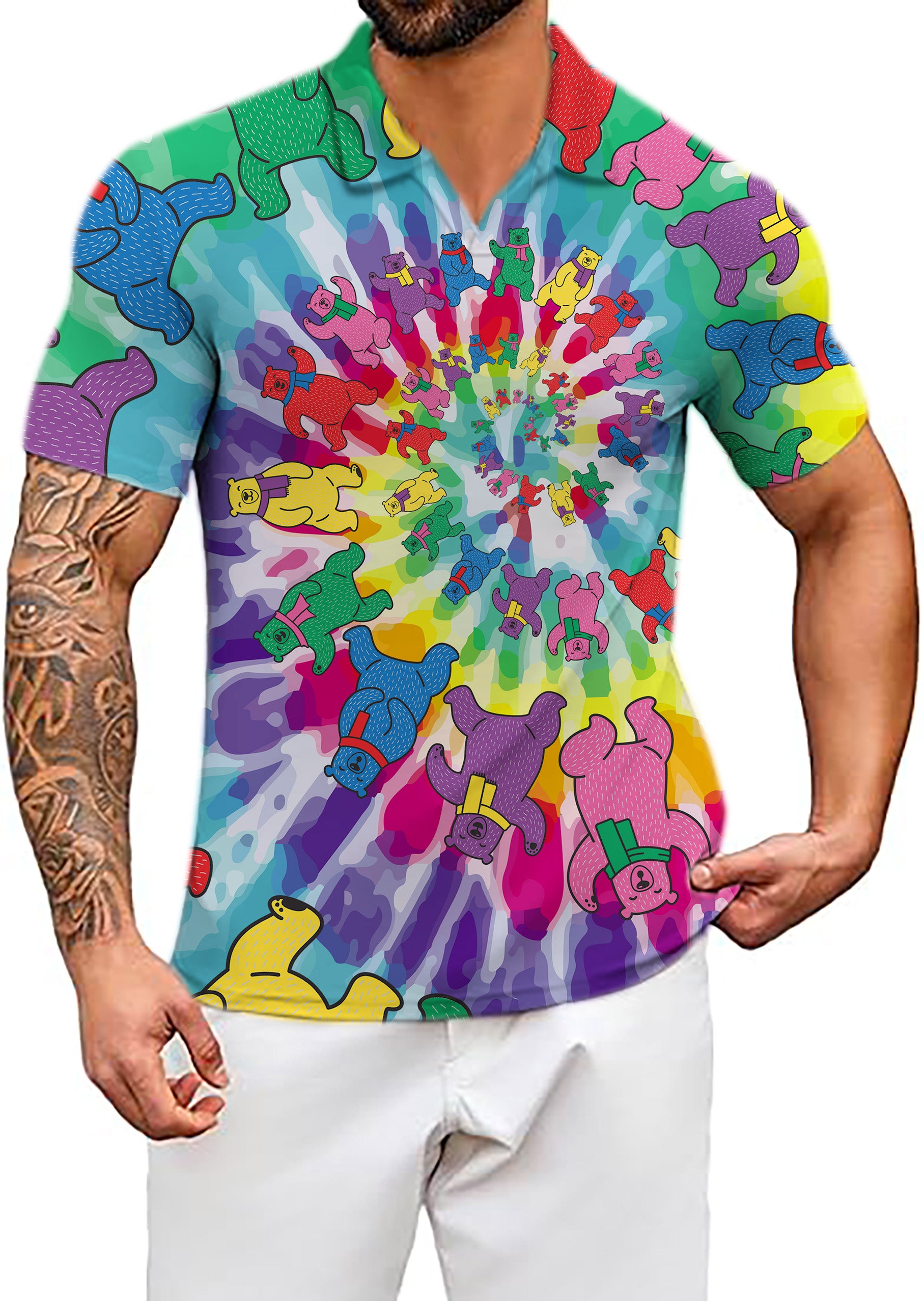 Men's Kaleidoscope Bear V Neck Golf Polo Shirts
