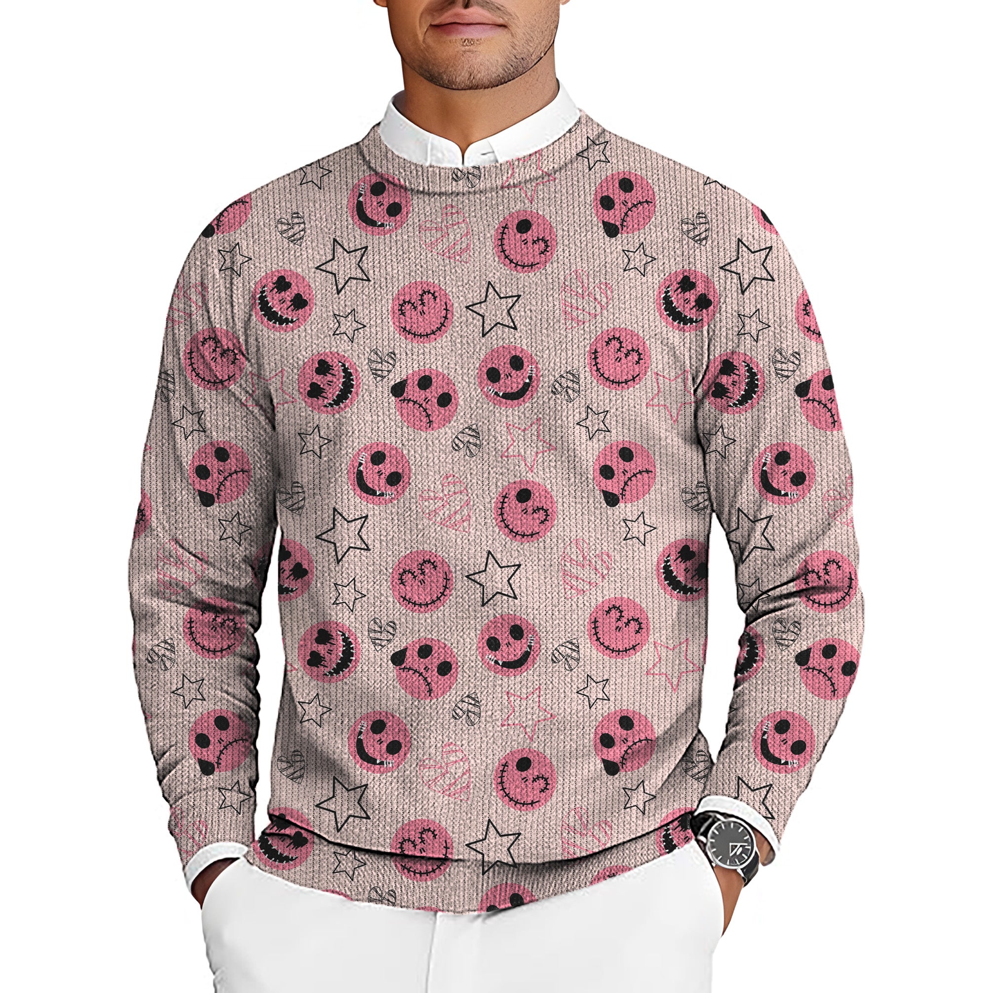Halloween pink smiley face Men's Golf Crewneck Pullover Sweaters Ugly Sweater
