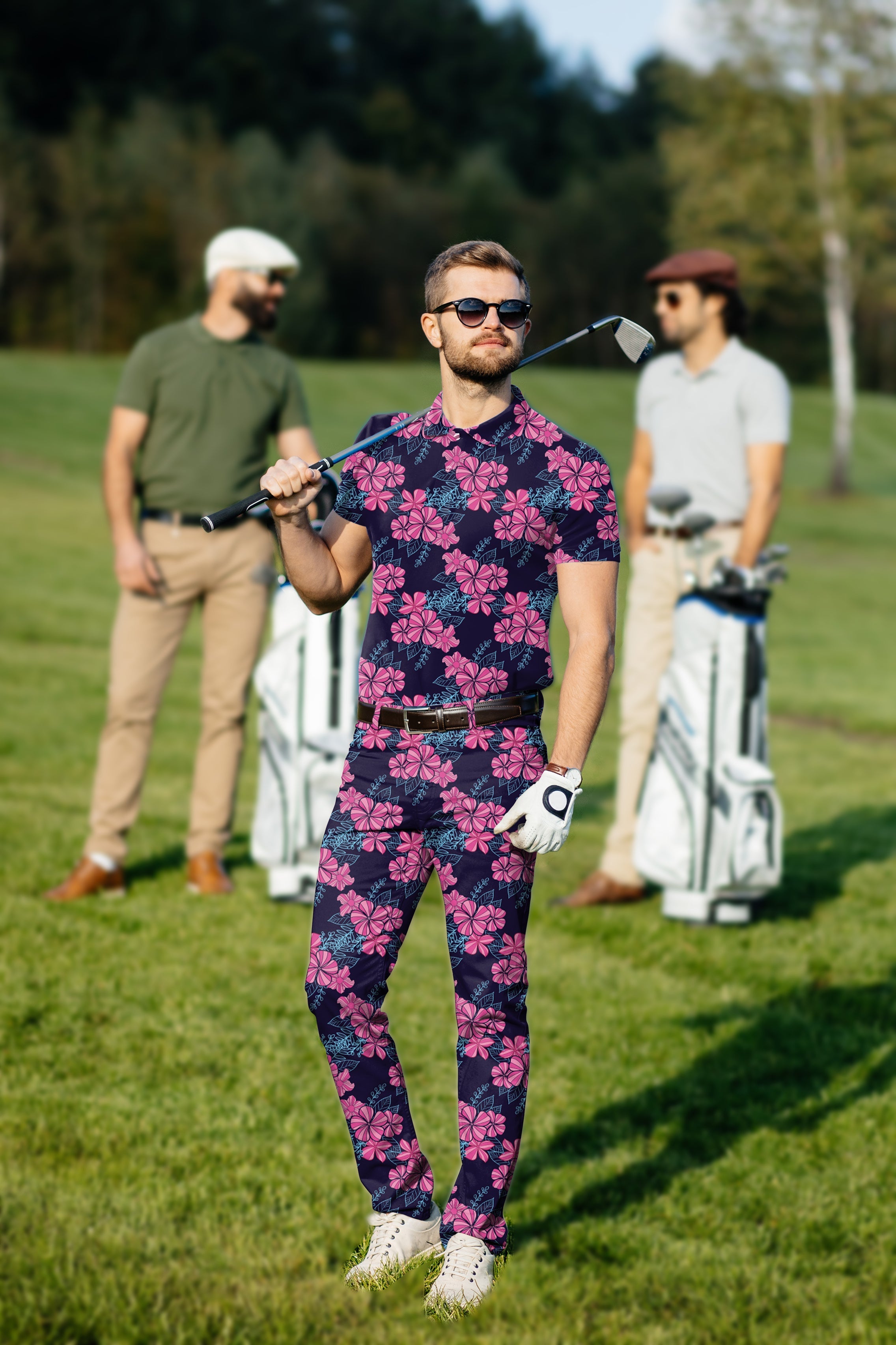 Men's golf set polo and pants with blossom burst pattern on golf course