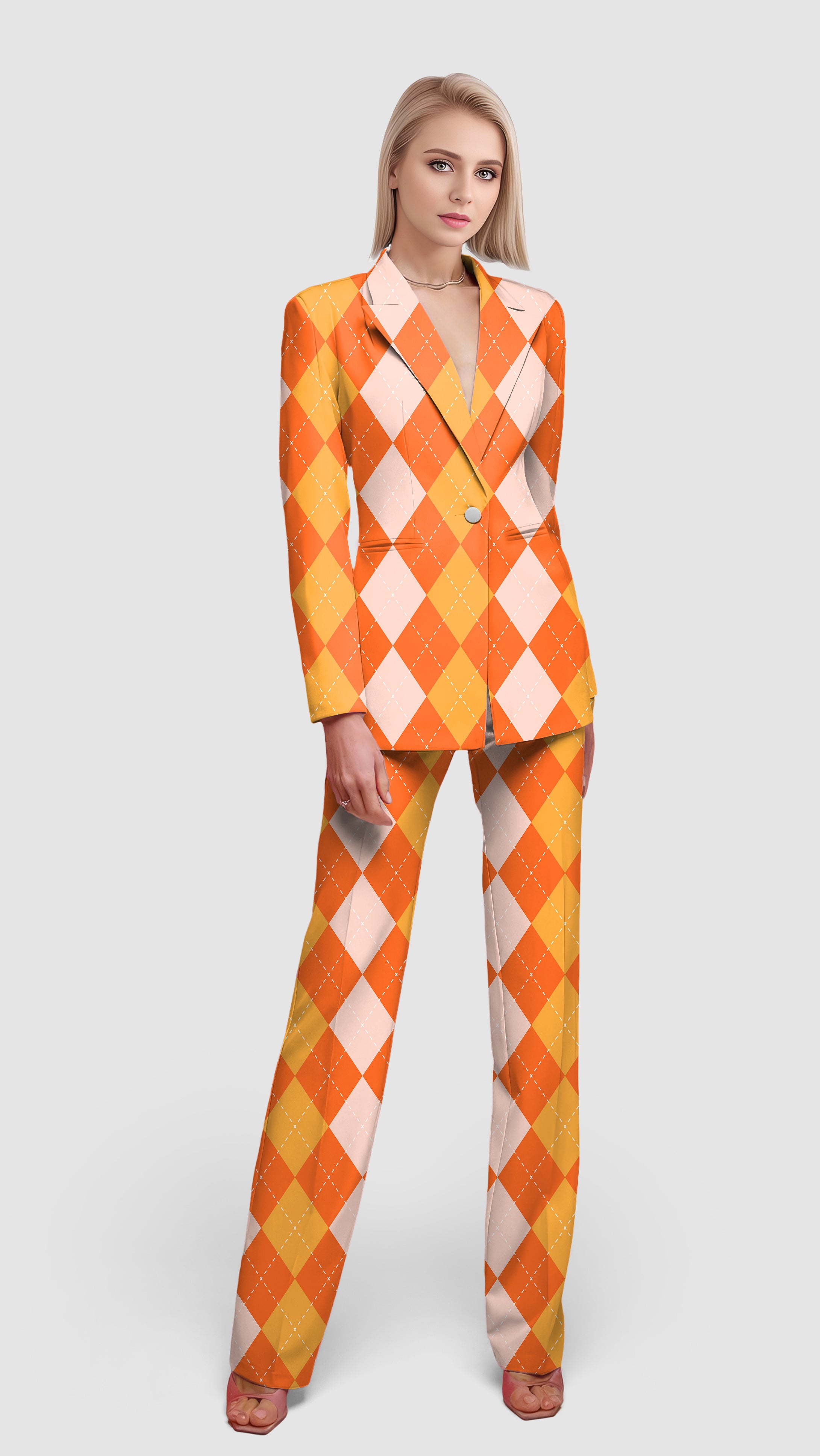 Halloween Orange Apricot Argyle Women's Blazer Casual Work Office Blazer Suit set