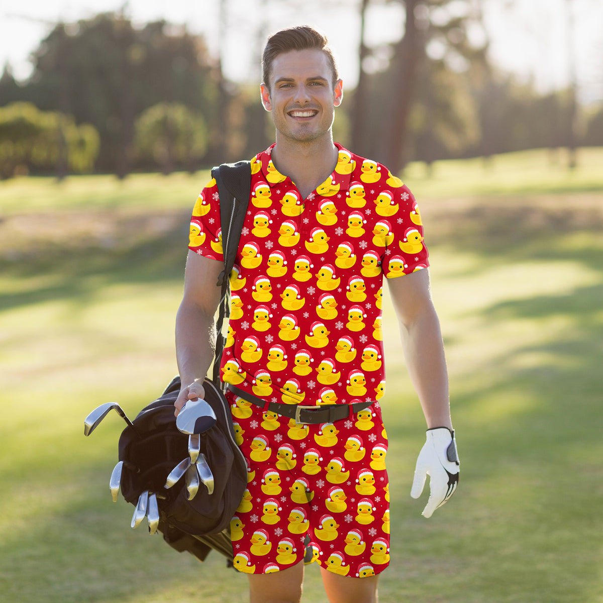 Men's Golf Set Polo+Shorts Christmas Yellow Duck