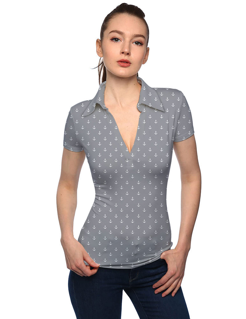 Women's light gray anchor print V-neck golf polo with stand collar and short sleeves