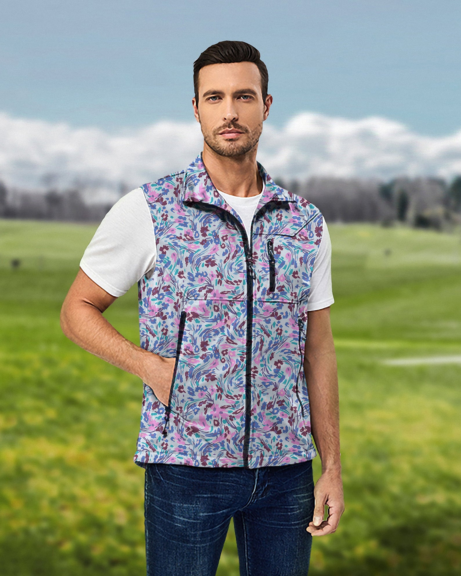 Men's Flower Twist Lightweight Softshell Vest Sleeveless Jacket for Golf Windproof Waterproof