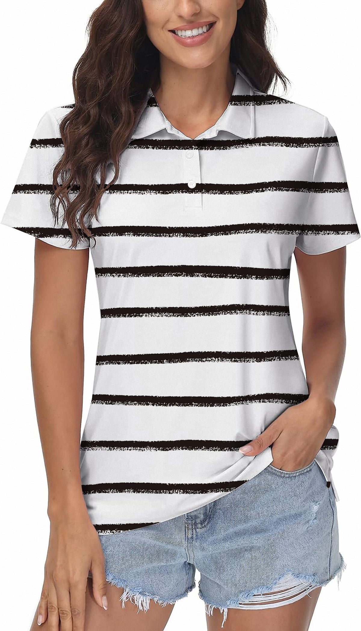 Black and white crayon-style stripes Women's Golf Polo