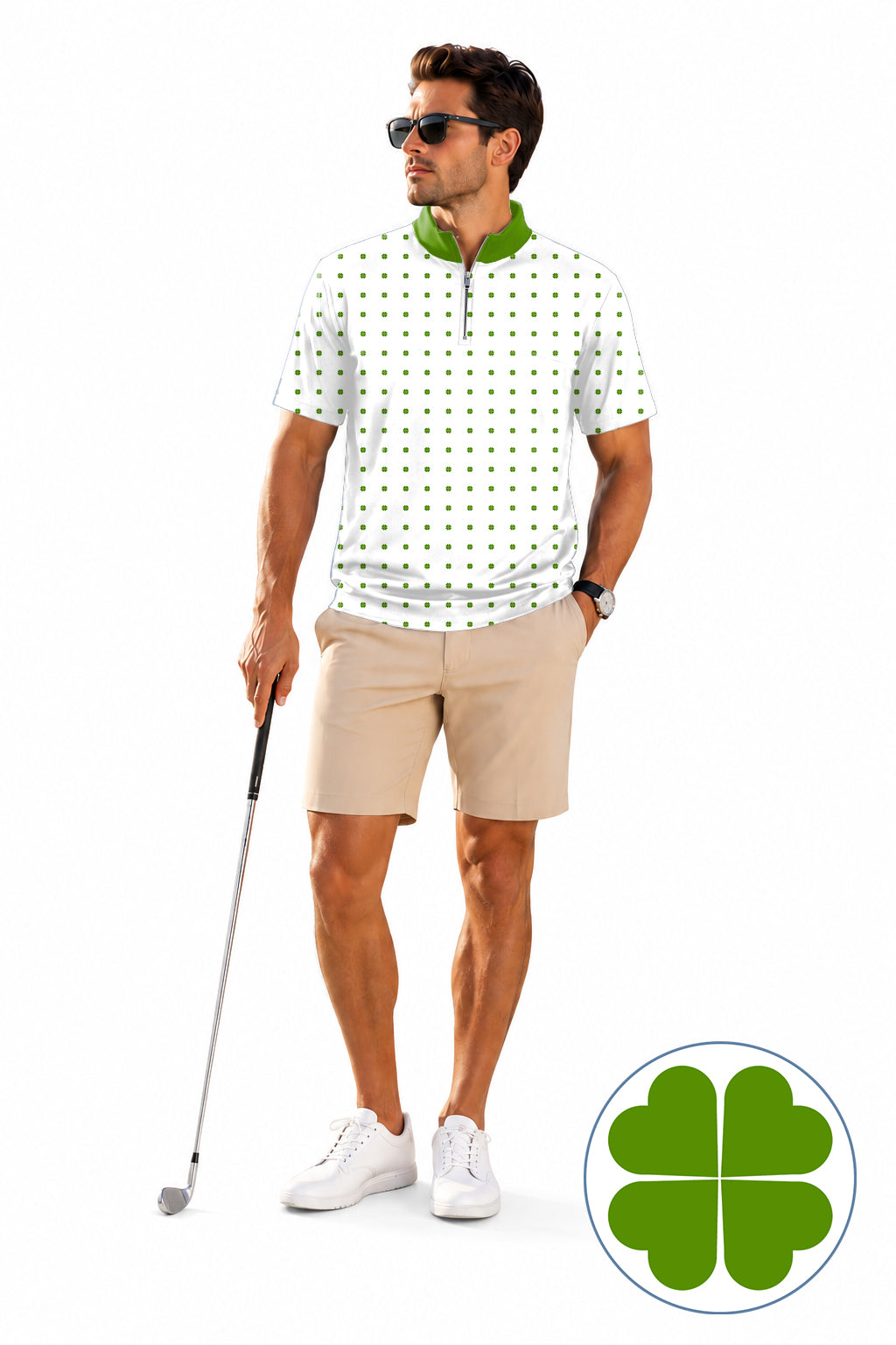Men's Short Sleeve Quarter Zip Golf Pullover Lucky Four-Leaf Clover