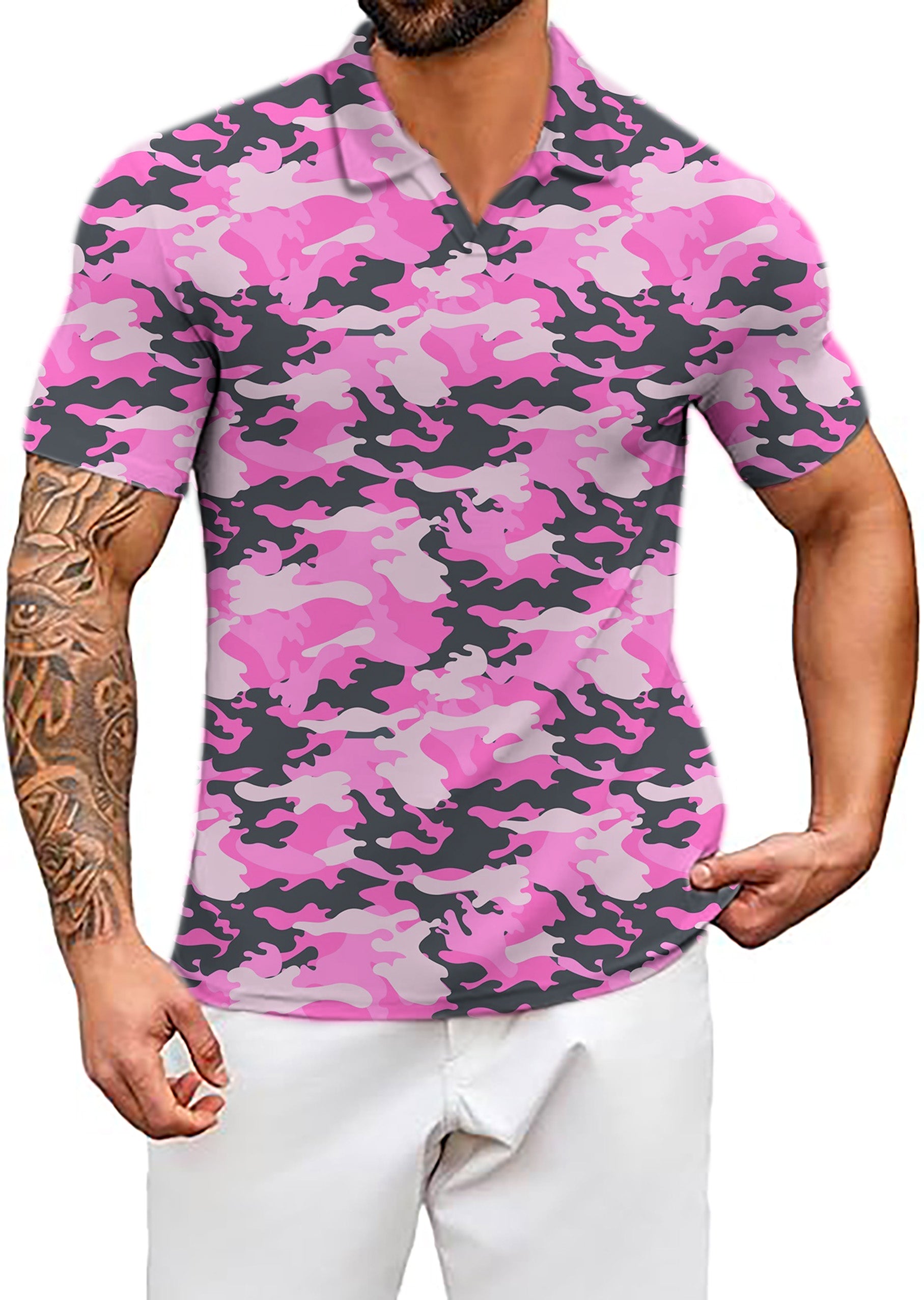 Men's Pink Camo V Neck Golf Polo Shirts