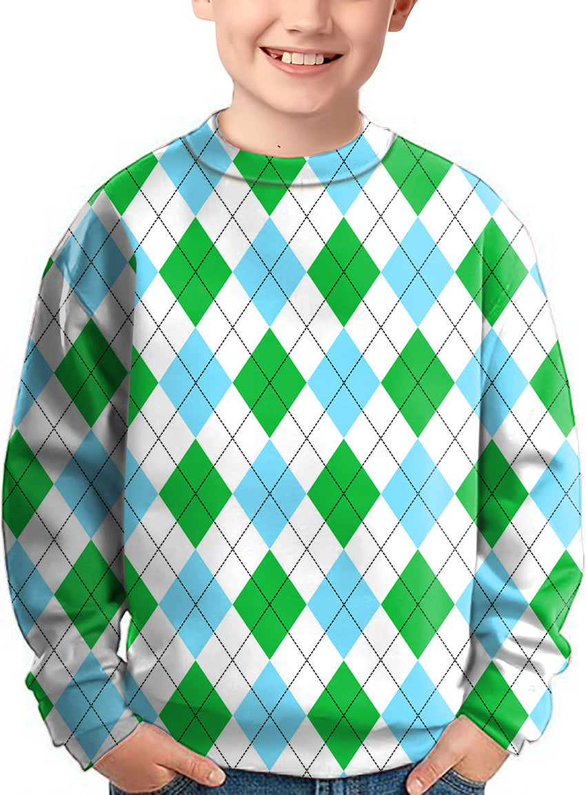 Green diamond grid Crewneck Pullover Kids Ugly Sweater