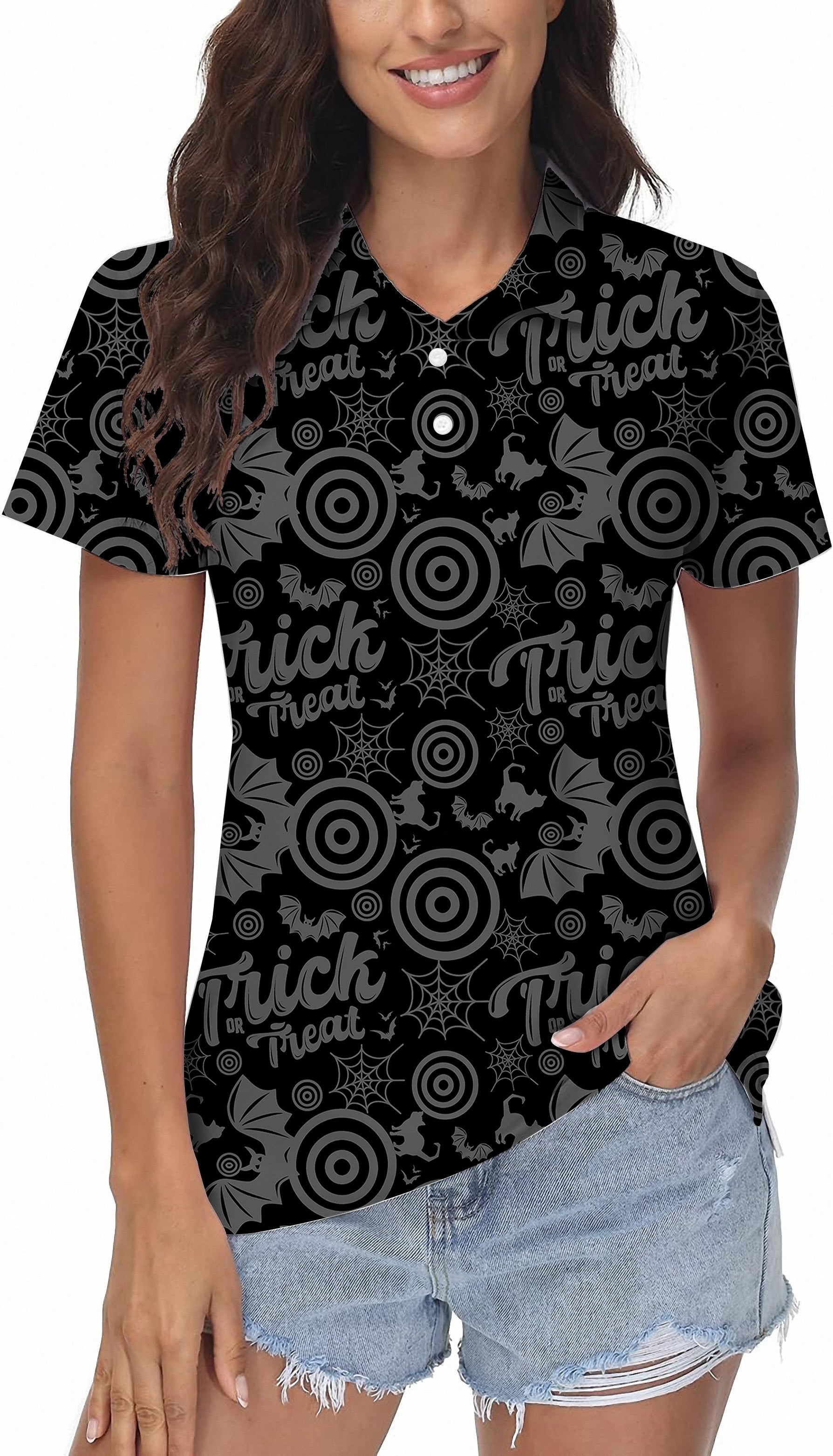 Halloween Circle Bat Cat Women's Golf Polo