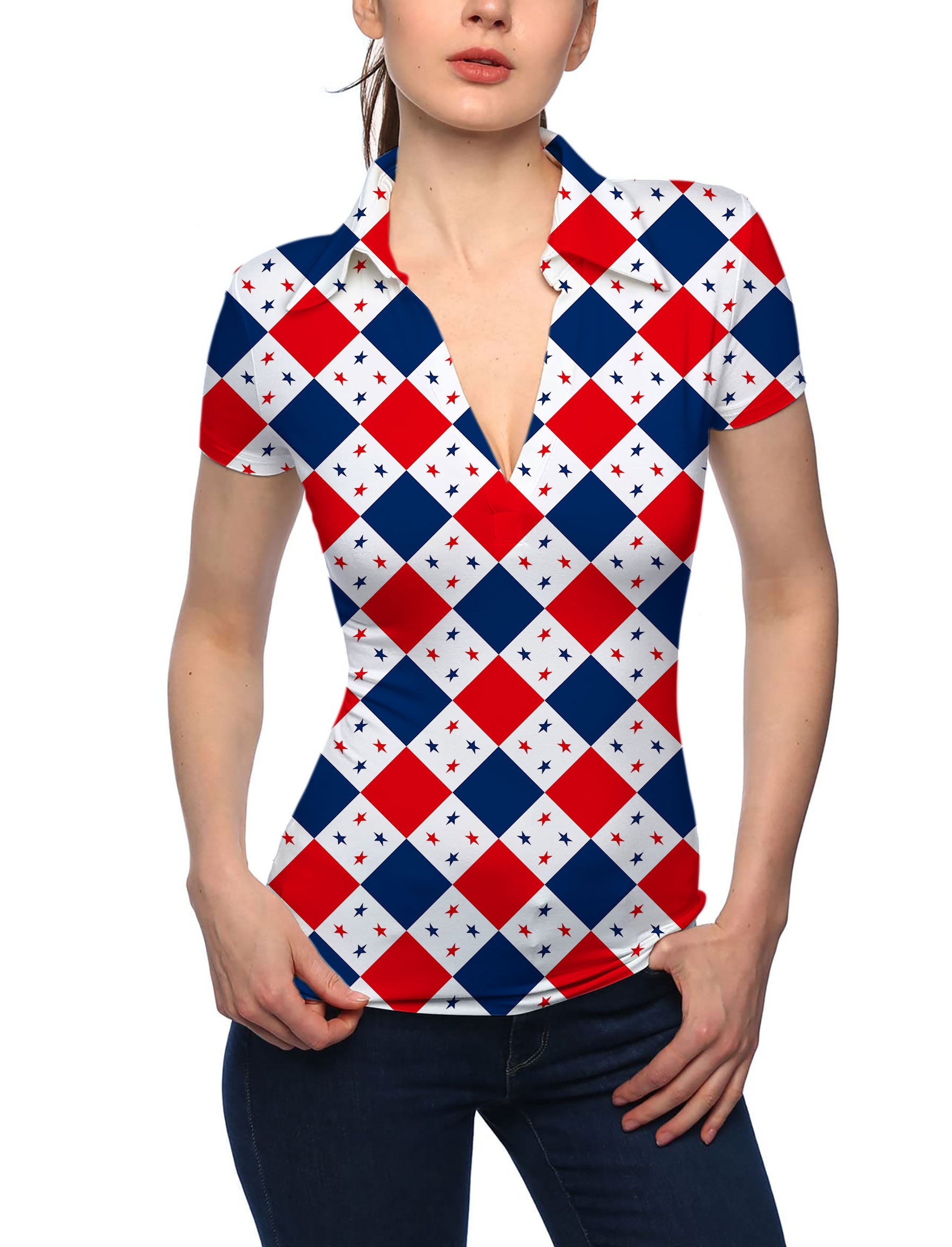 Women's Argyle US Star flag V Neck Golf Polo