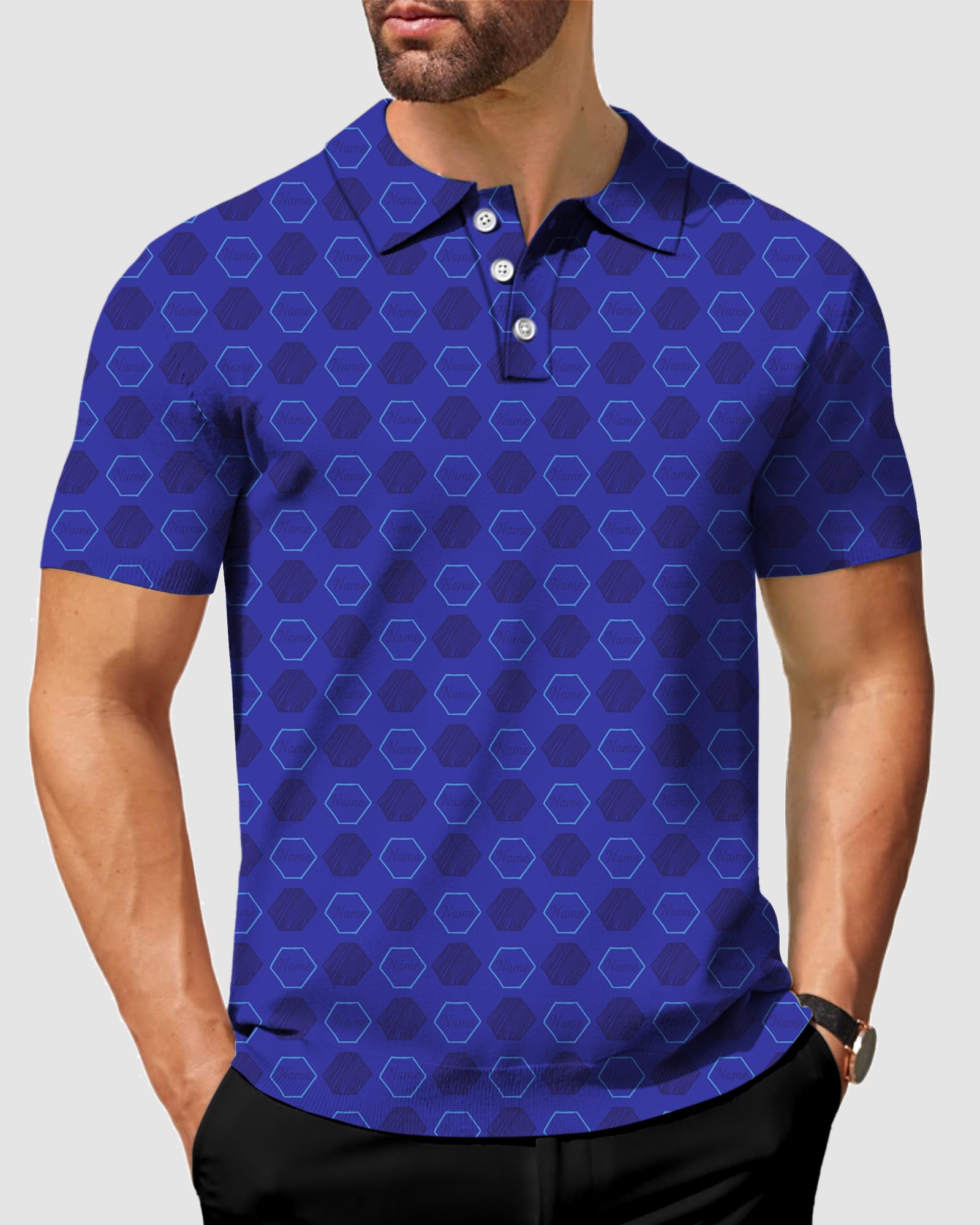 Custom Your Name Men's Blue hexagon golf polo