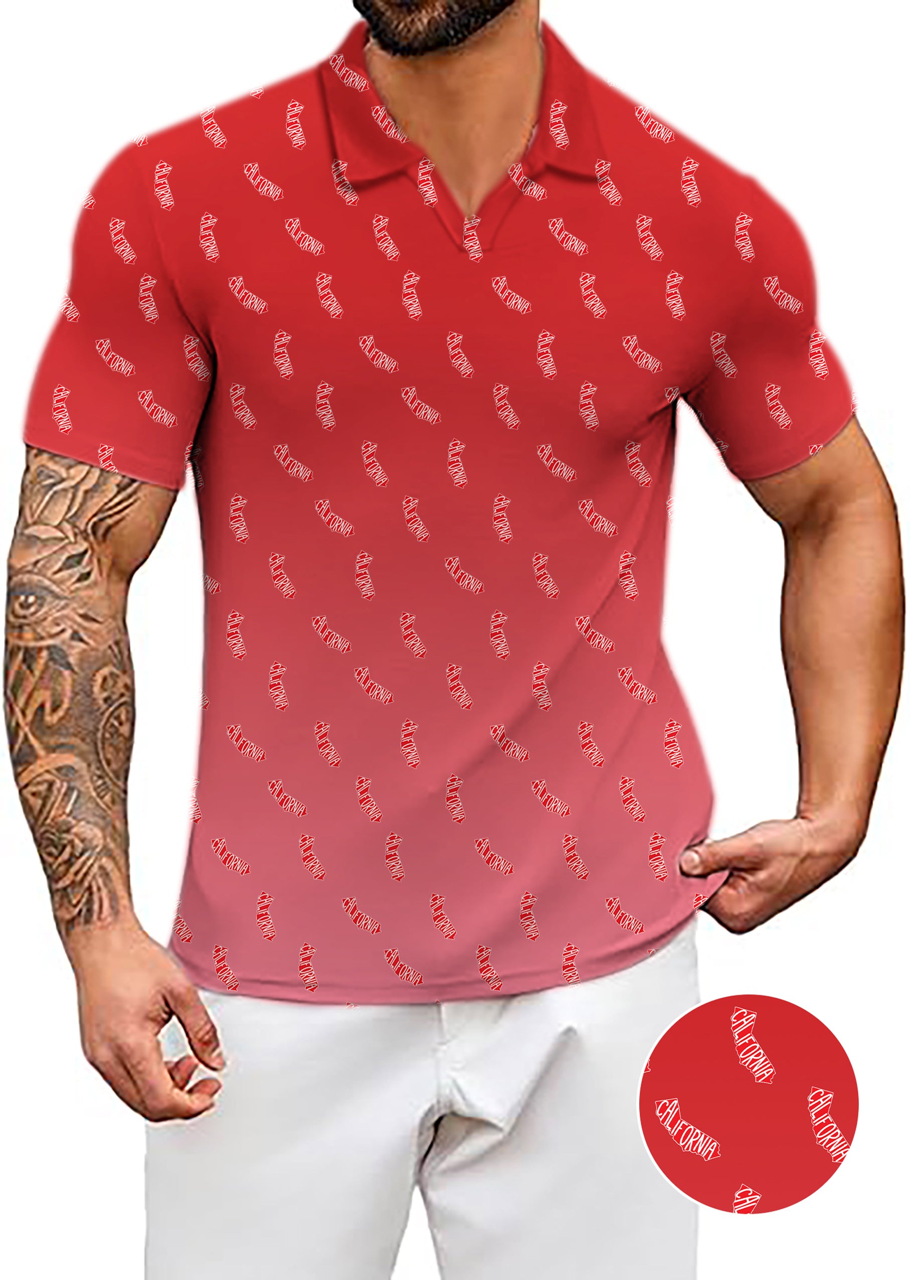 Men's Red California V Neck Golf Polo Shirts