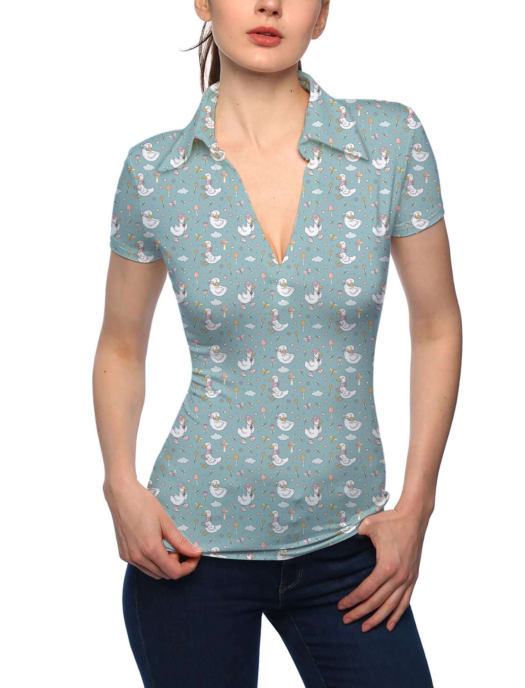 Women's Cute Duck Floral V Neck Golf Polo