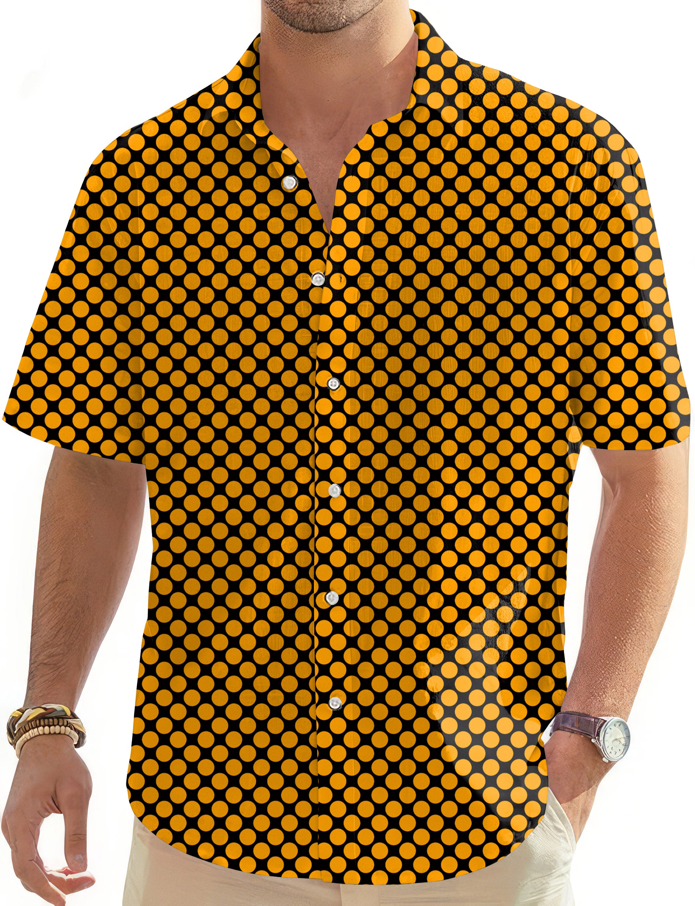 Halloween black and yellow polka dots Men's Golf Hawaiian Shirts Button Down Shirt