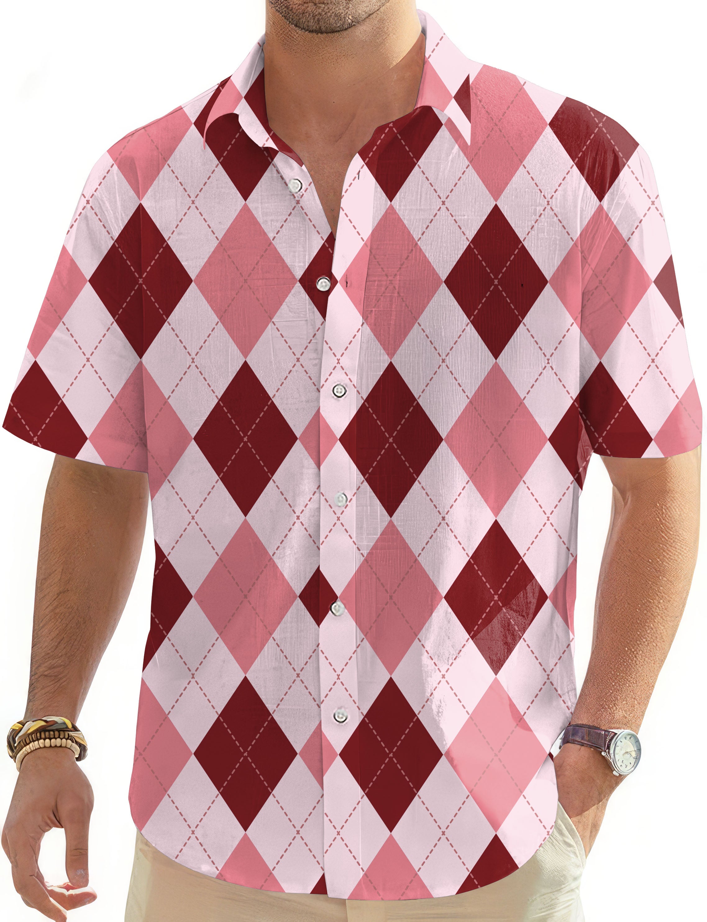 pink Argyle-Men's Golf Hawaiian Shirts Button Down Shirt