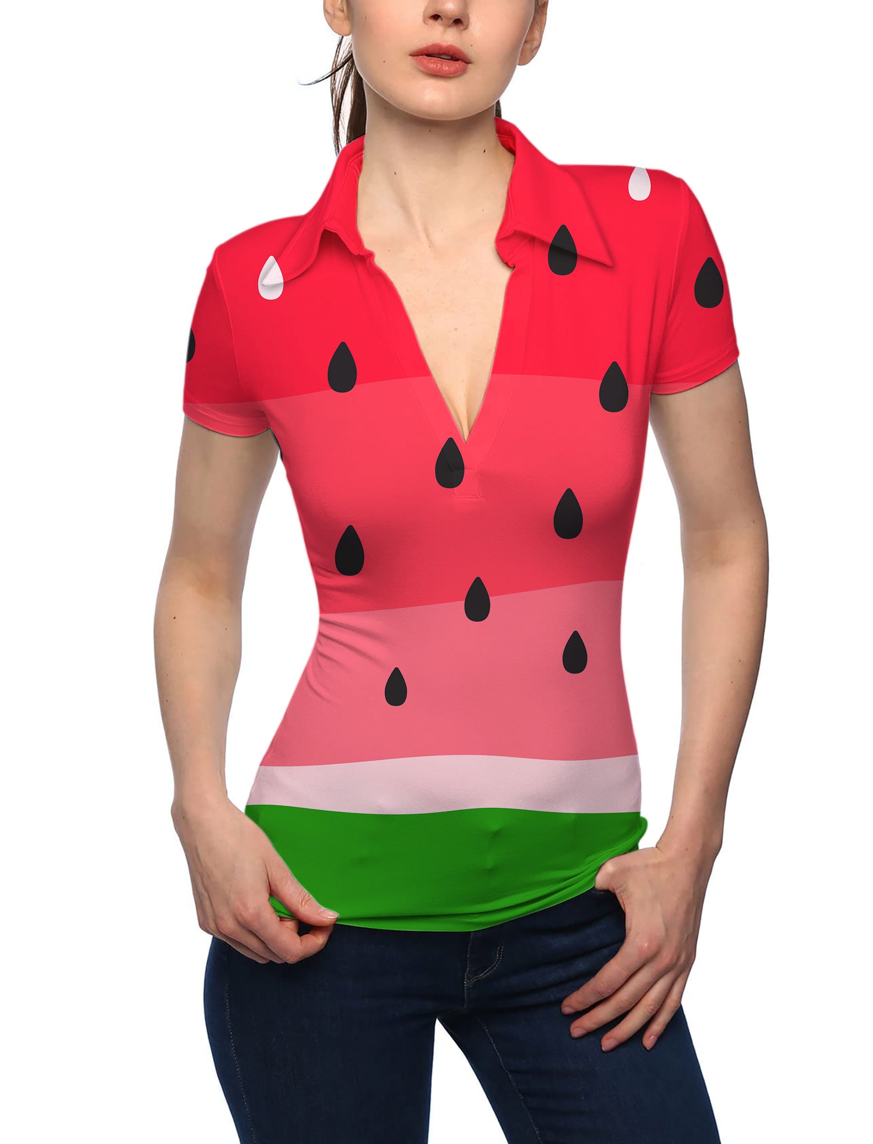 Women's watermelon V Neck Golf Polo