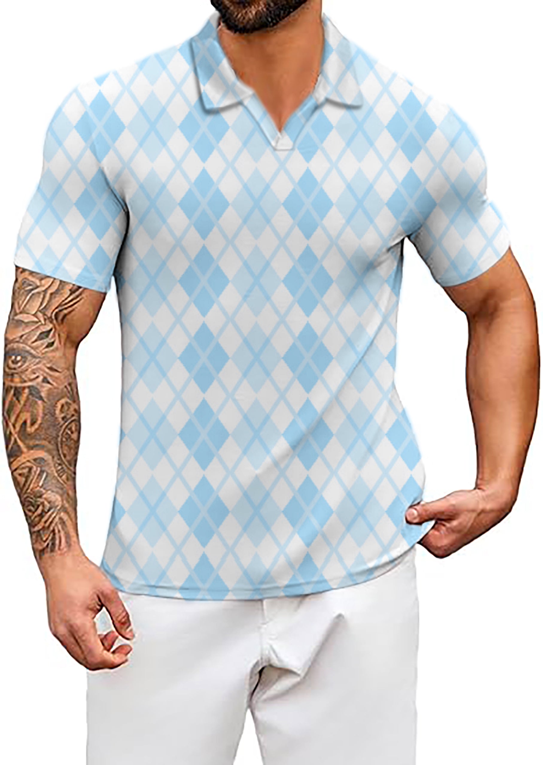 Men's Argyle bule grid V Neck Golf Polo Shirts