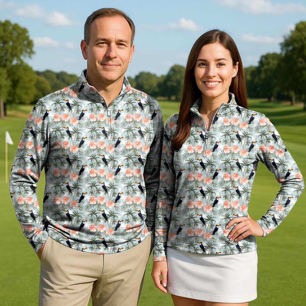 Toucan tropical flower Couple Golf Active 3/4 Zip Top
