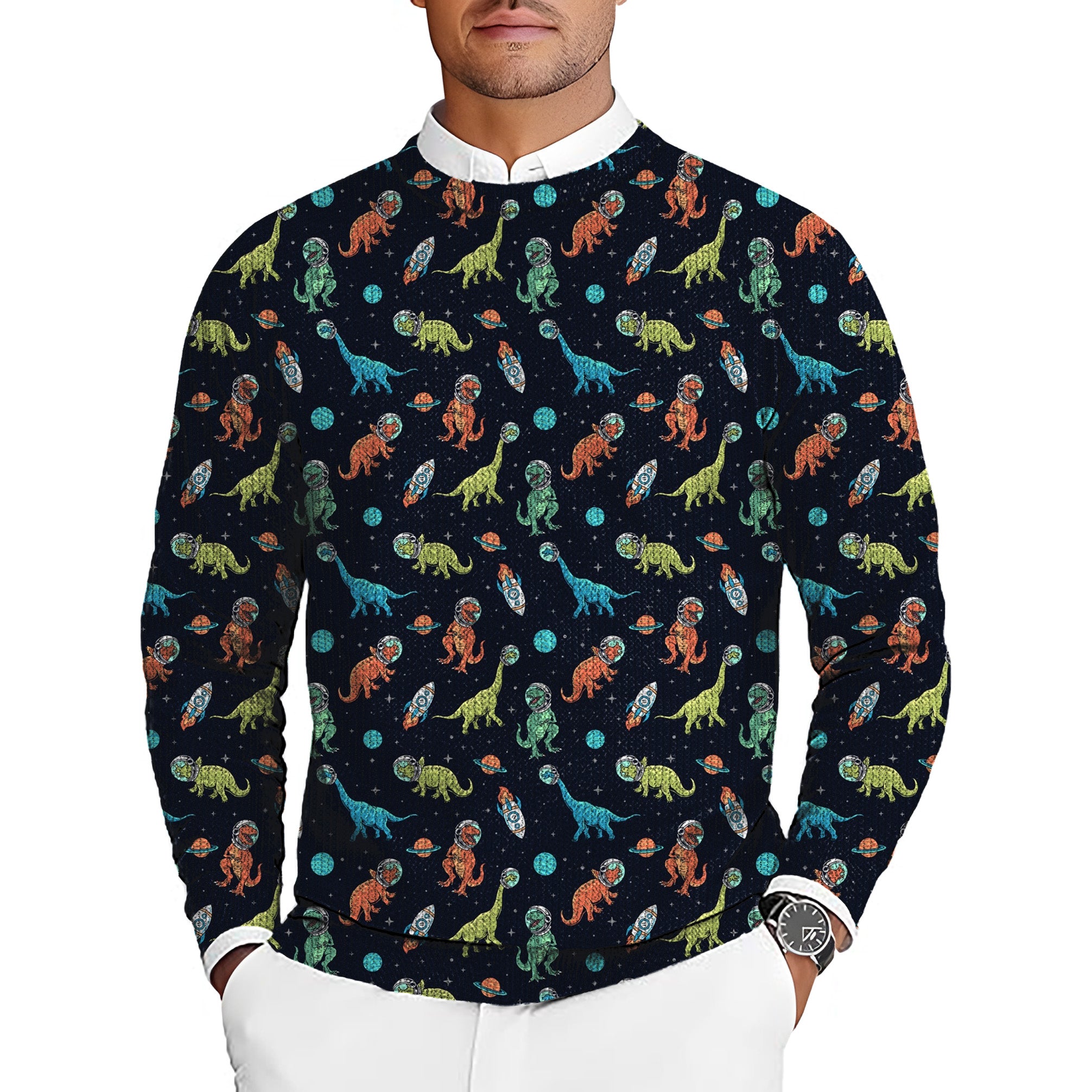 Space Dinosaur Men's Golf Crewneck Pullover Sweaters Ugly Sweater