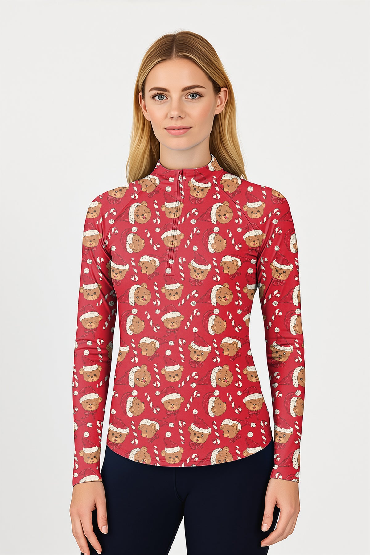 Red Christmas Teddy Bear Women's Golf Active 3/4 Zipper Top Long Sleeves