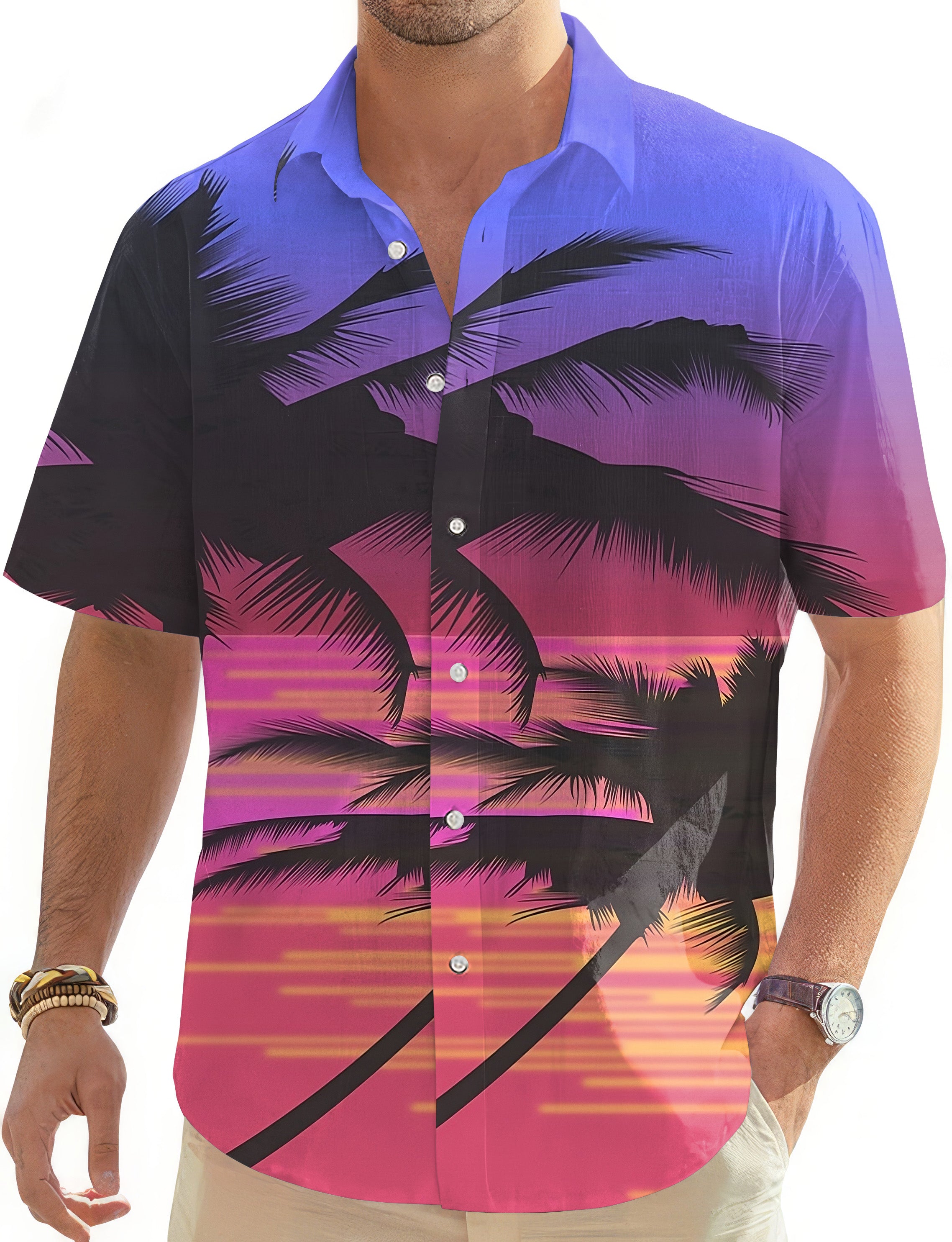 Red Sunset Palm Tree-Men's Golf Hawaiian Shirts Button Down Shirt