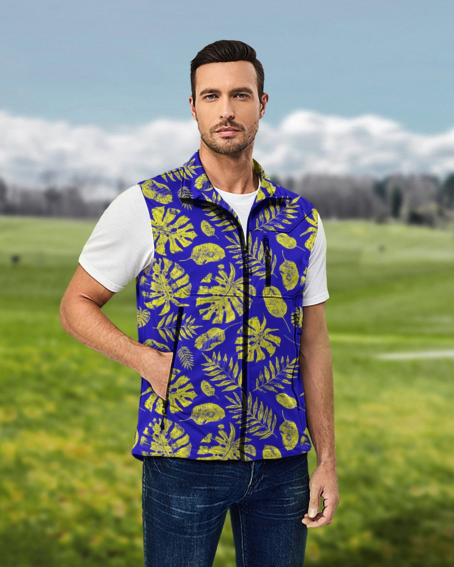 Men's Tropical plants Lightweight Softshell Vest Sleeveless Jacket for Golf Windproof Waterproof