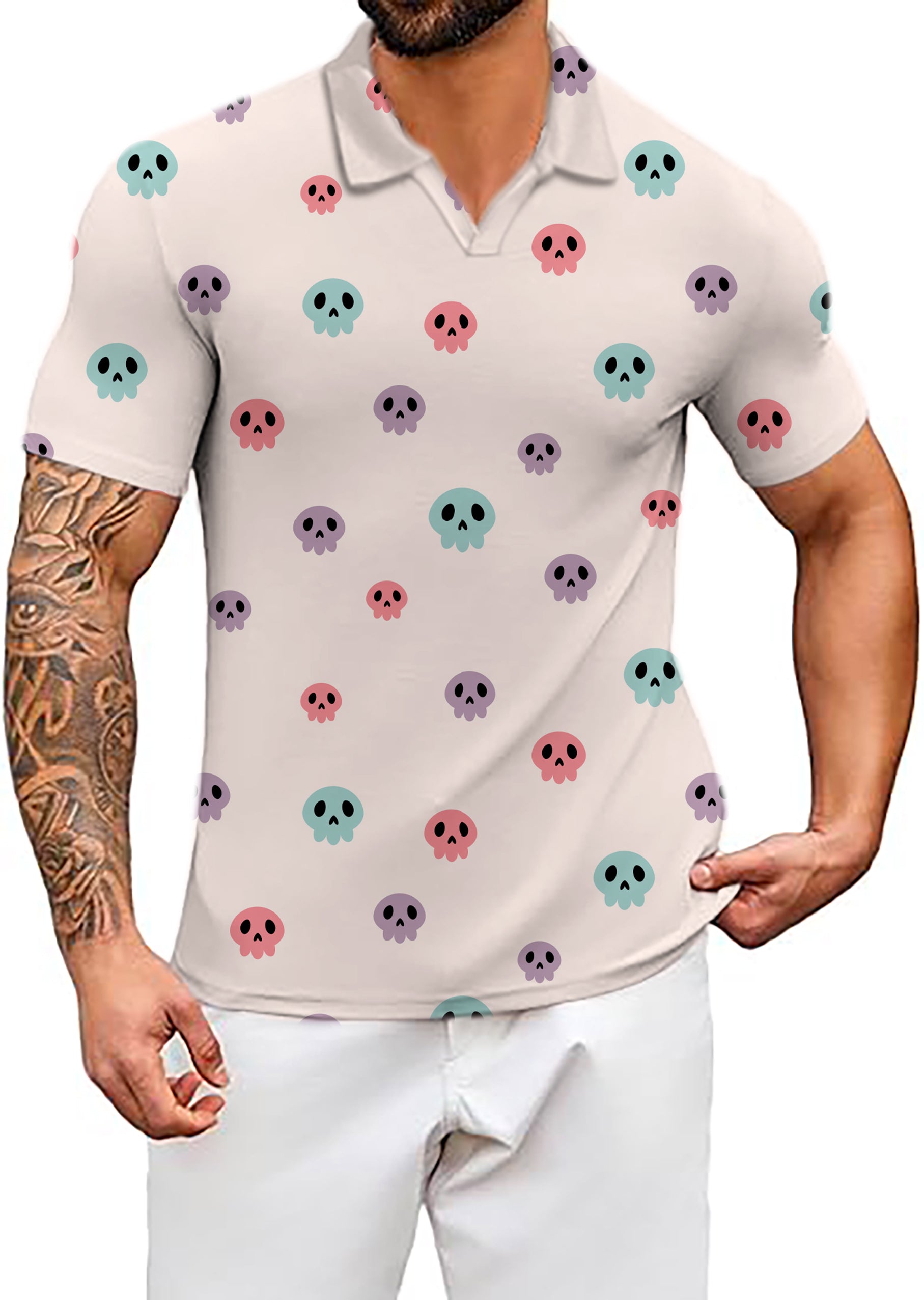 Men's Colorful Halloween Skull V Neck Golf Polo Shirts