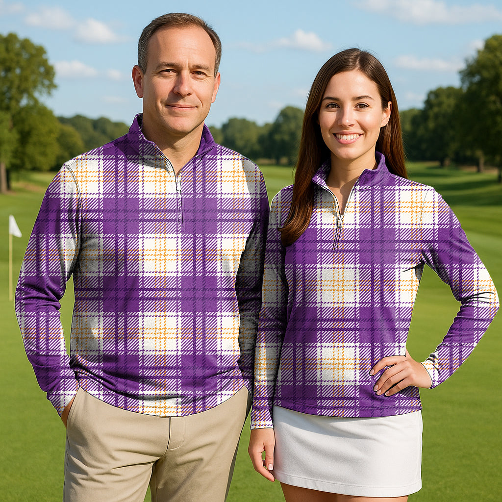 Halloween purple and yellow grid pattern Couple Golf Active 3/4 Zipper Top Long Sleeves