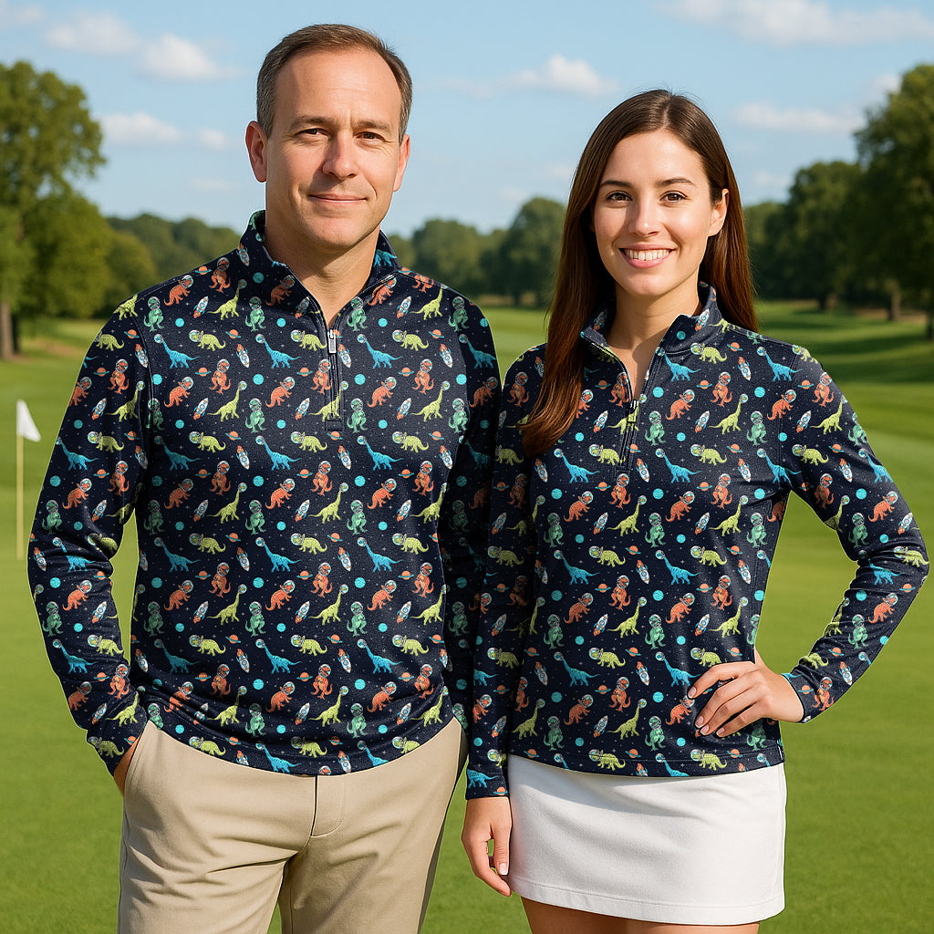 Space Dinosaur Couple Golf Active 3/4 Zip Top