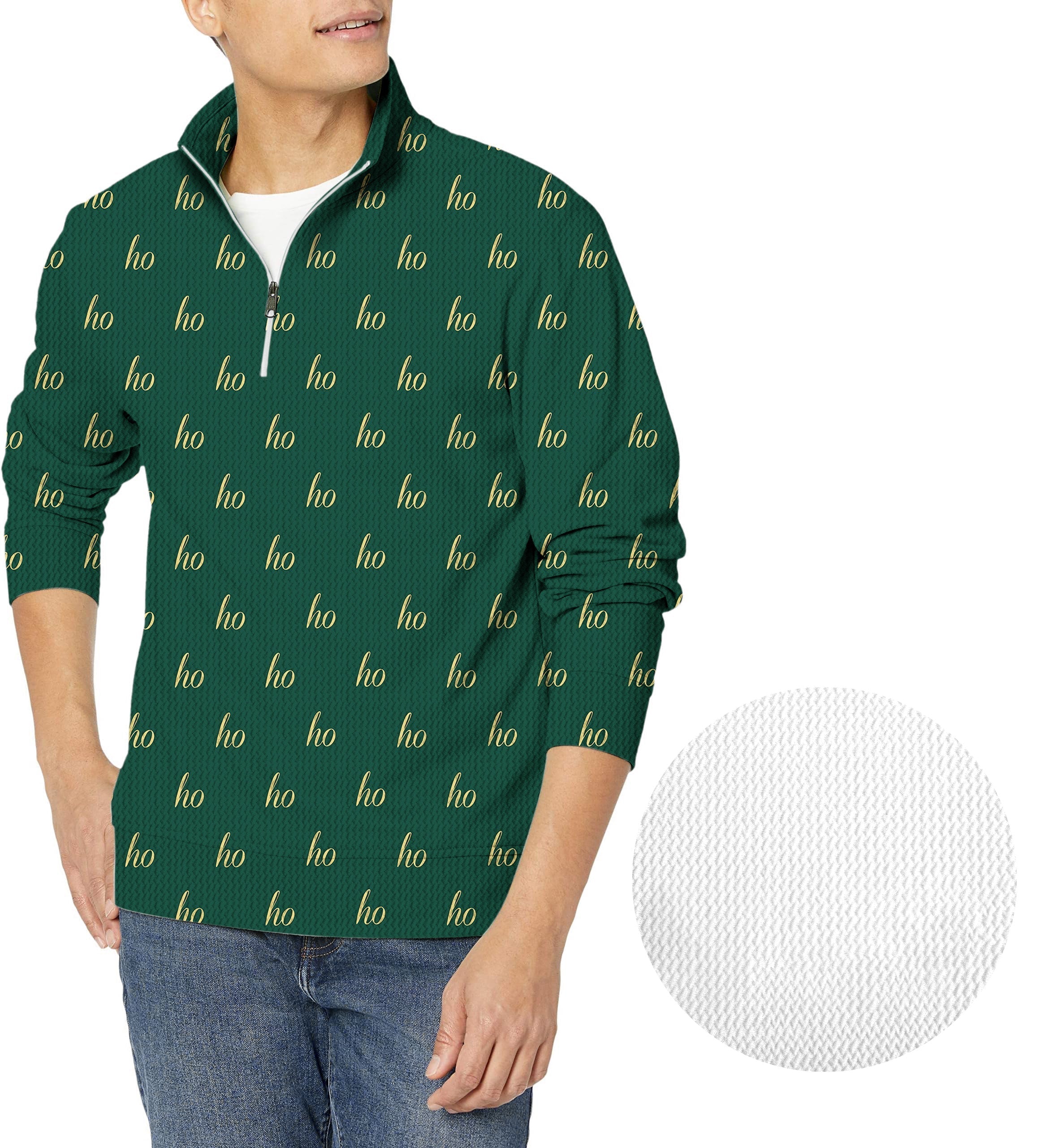 Dark green men's golf waffle zipper pullover with custom name and Christmas ho pattern