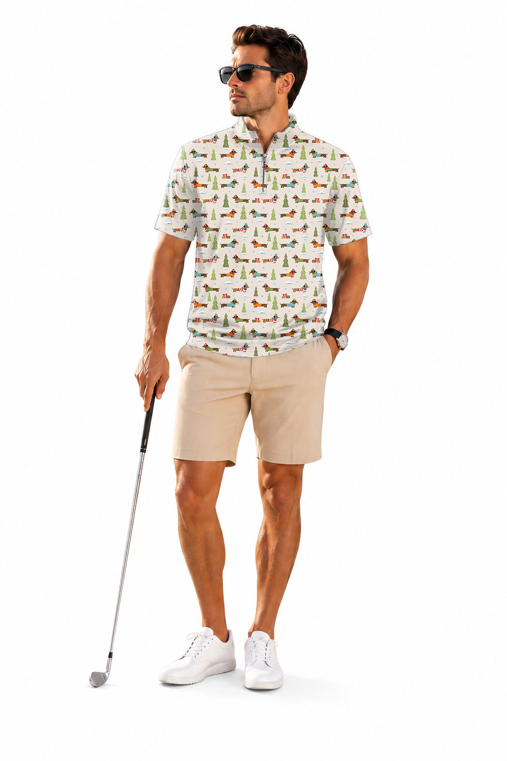 Men's Short Sleeve Quarter Zip Golf Pullover   Christmas Dachshund Embroidery