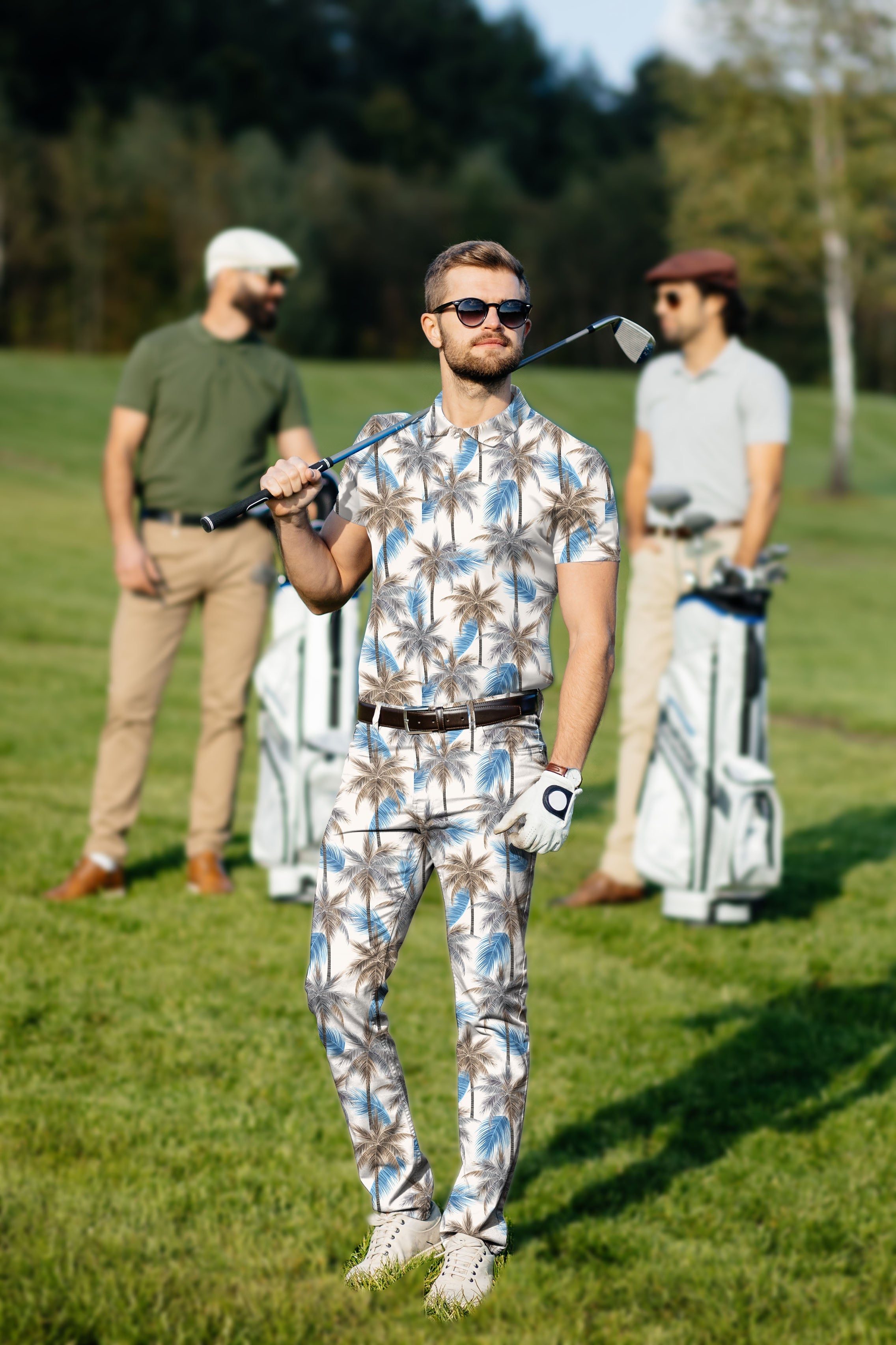 Men's golf set polo and pants with palm tree print on golf course