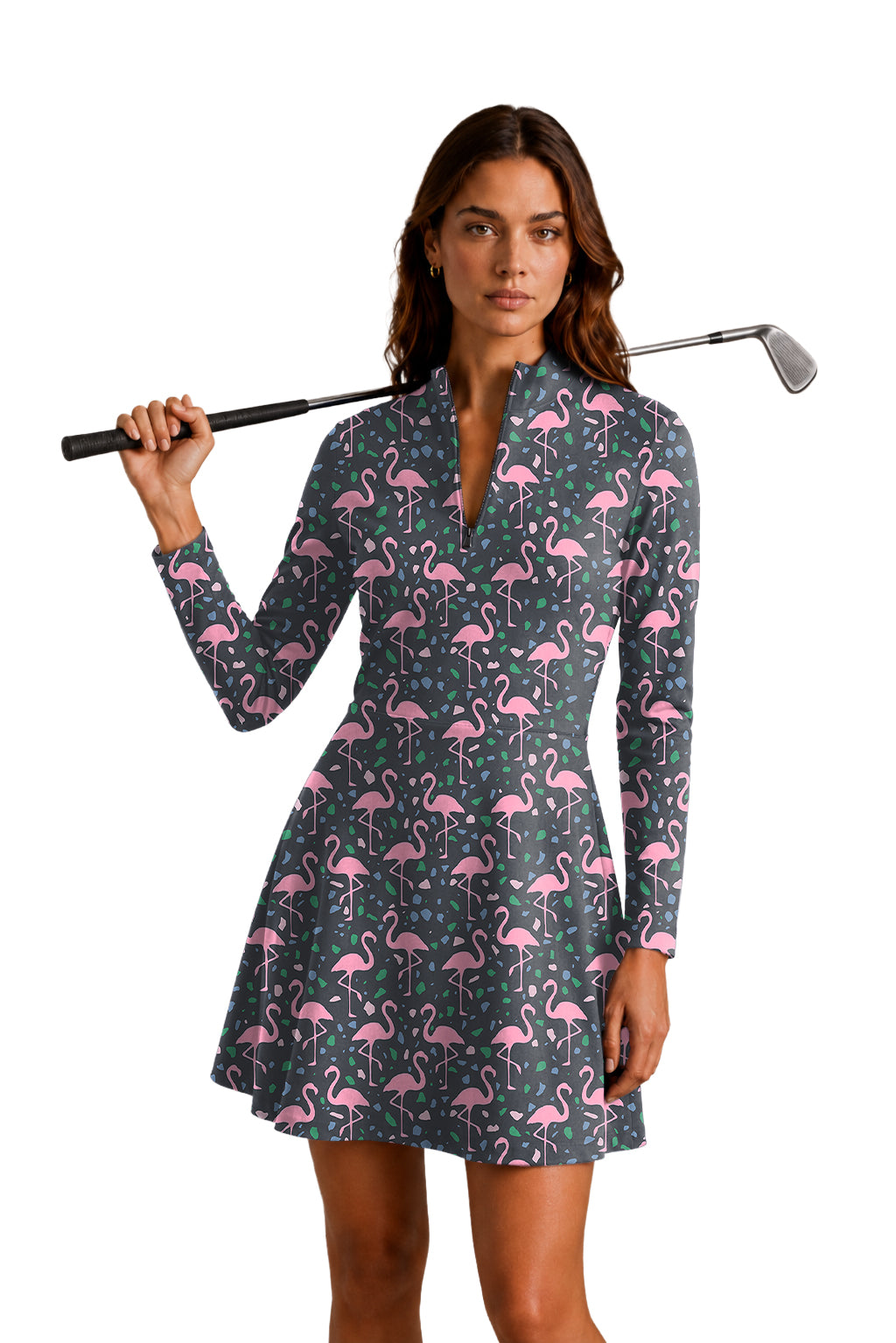 Terrazzo Flamingo Women's Golf Long Sleeve Zipper Dresses Comes with separate matching shorts