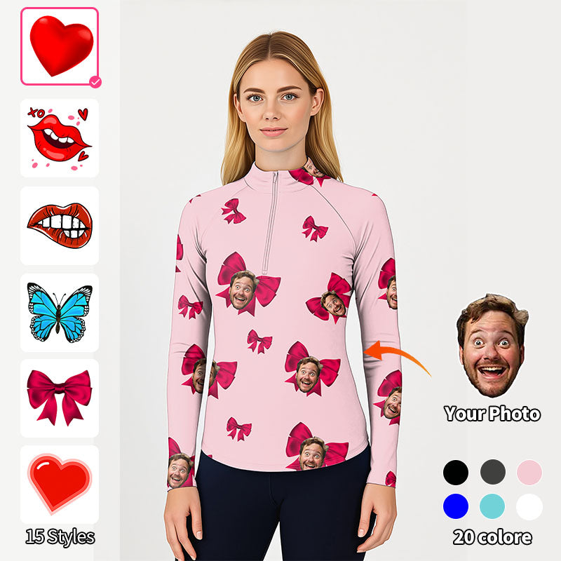 Valentine's Day custom photo face pink women's golf 3/4 zip top with long sleeves and bow print
