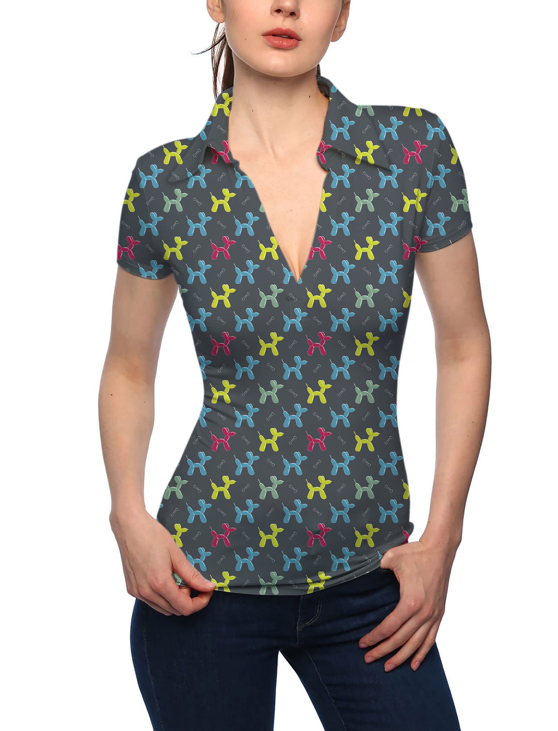 Women's Colorful Balloon Dog V Neck Golf Polo