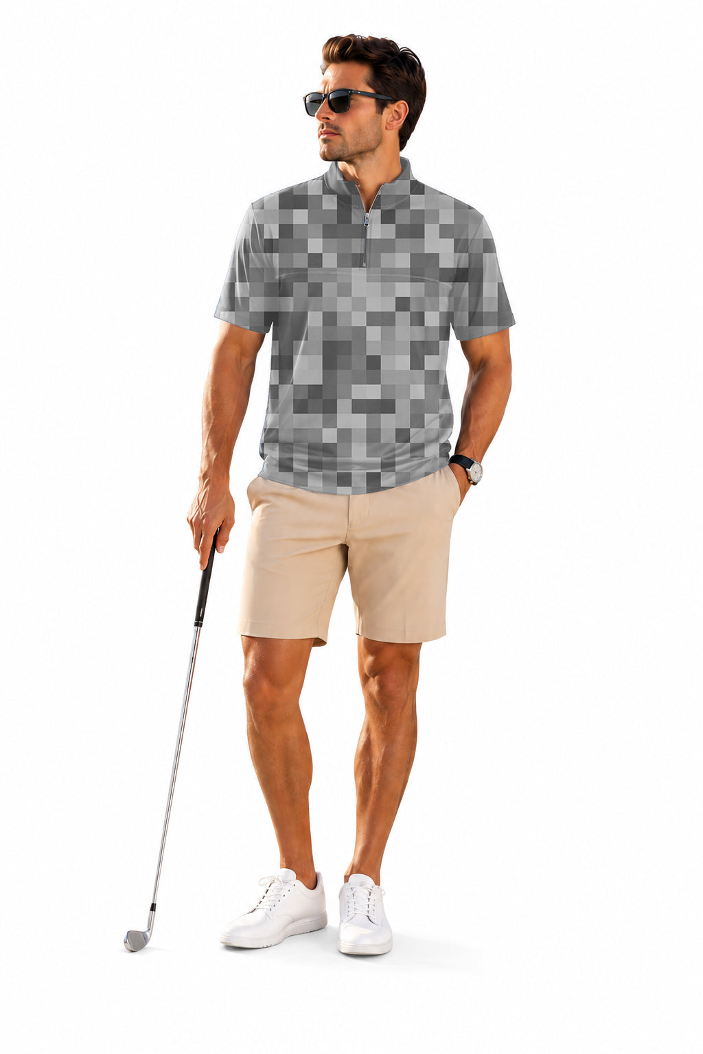 Men's Short Sleeve Quarter Zip Golf Pullover   Grey Pixel-Big Embroidery