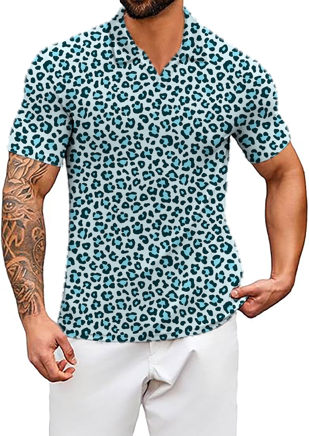 Men's Blue leopard print V Neck Golf Polo Shirts