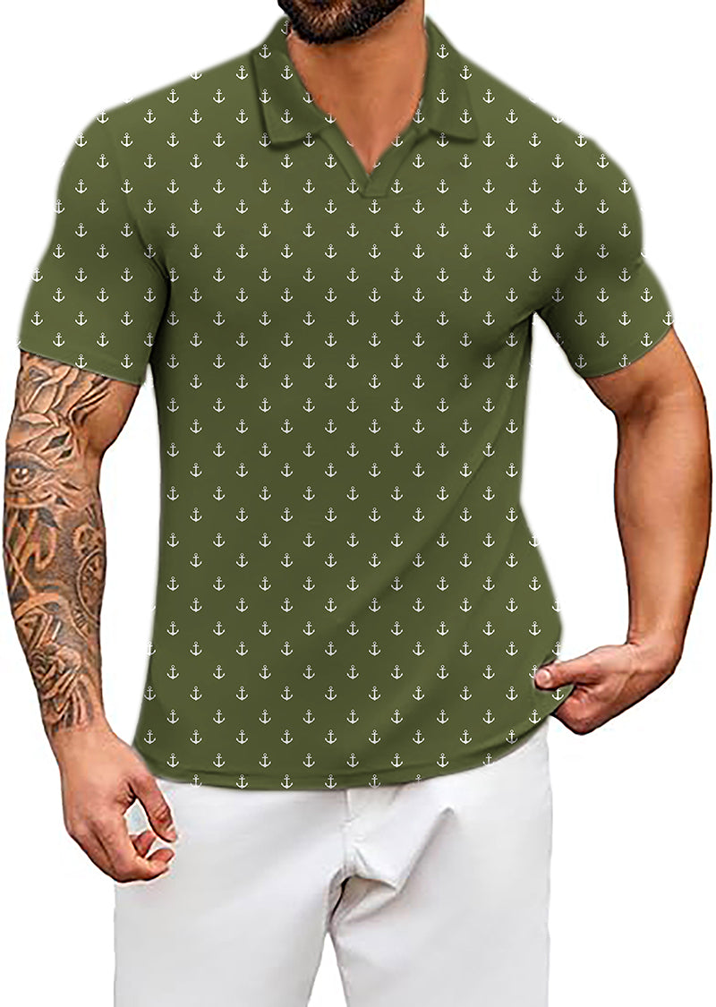 Men's Coconut Palm dark green anchor print polo shirt with four-way stretch and UPF 40+ protection