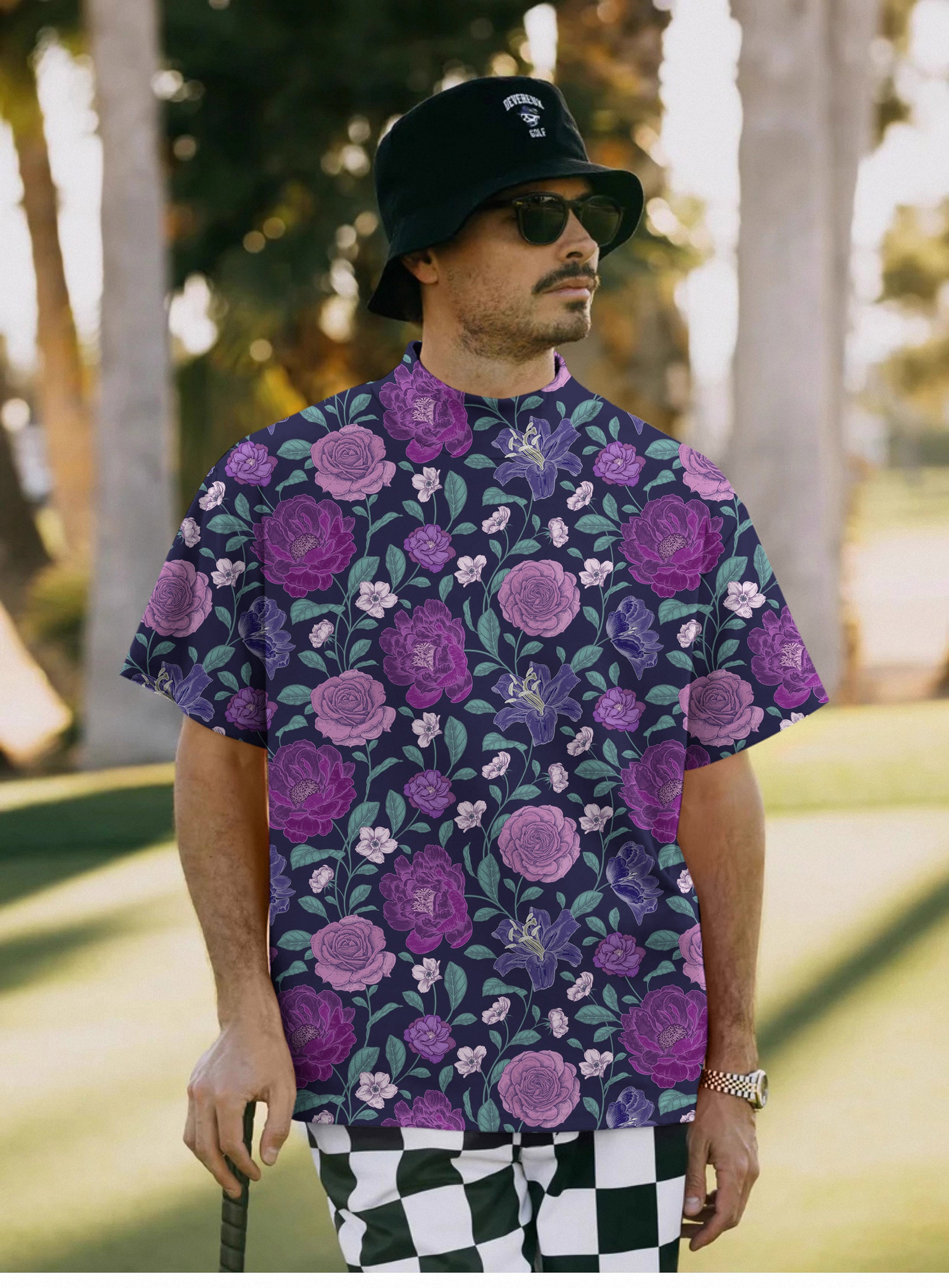 Men's Purple Floral Pullover High neck Long/Short sleeve T-Shirt