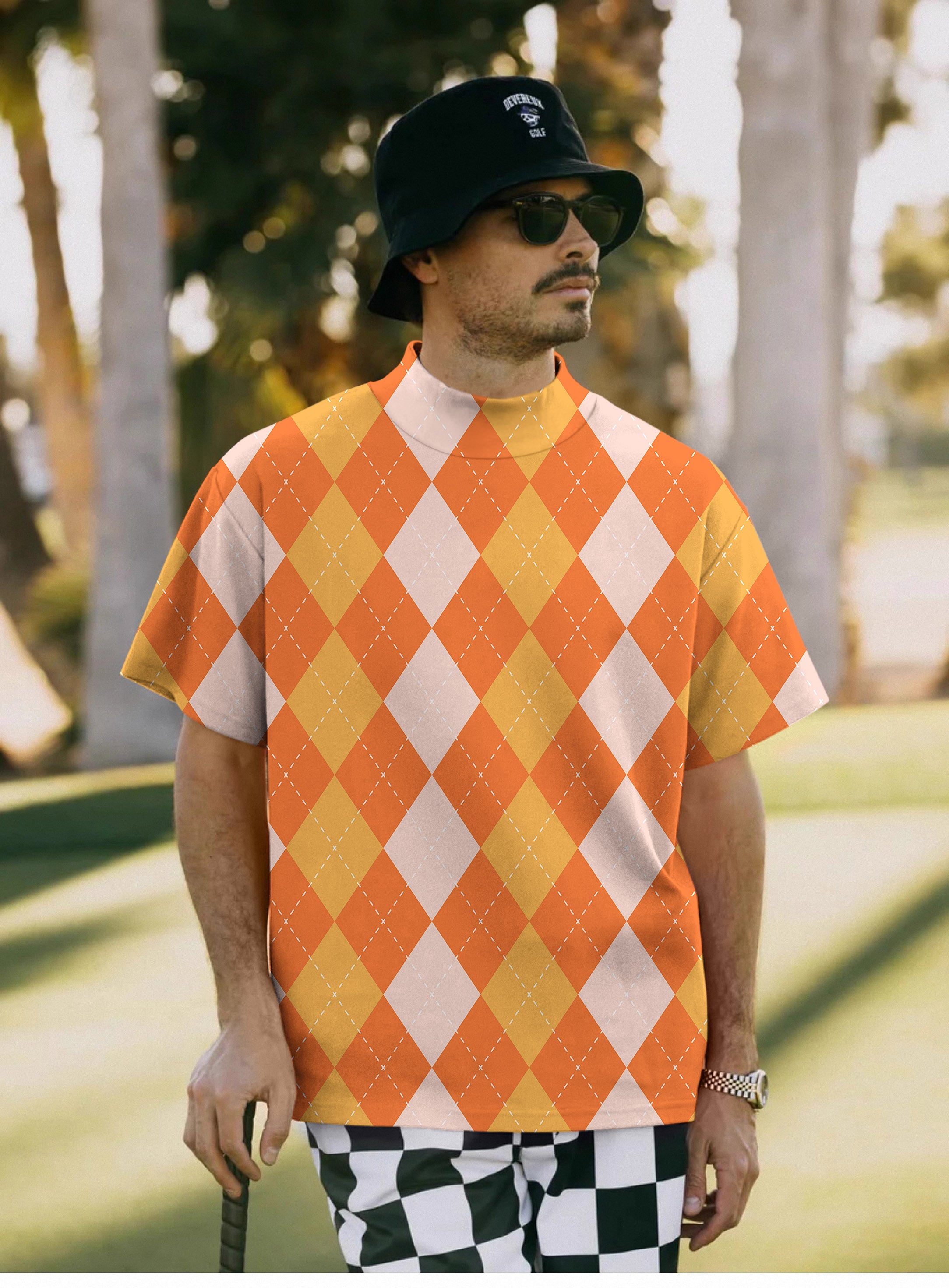 Men's Halloween Orange Apricot Argyle Pullover High neck Long/Short sleeve T-Shirt