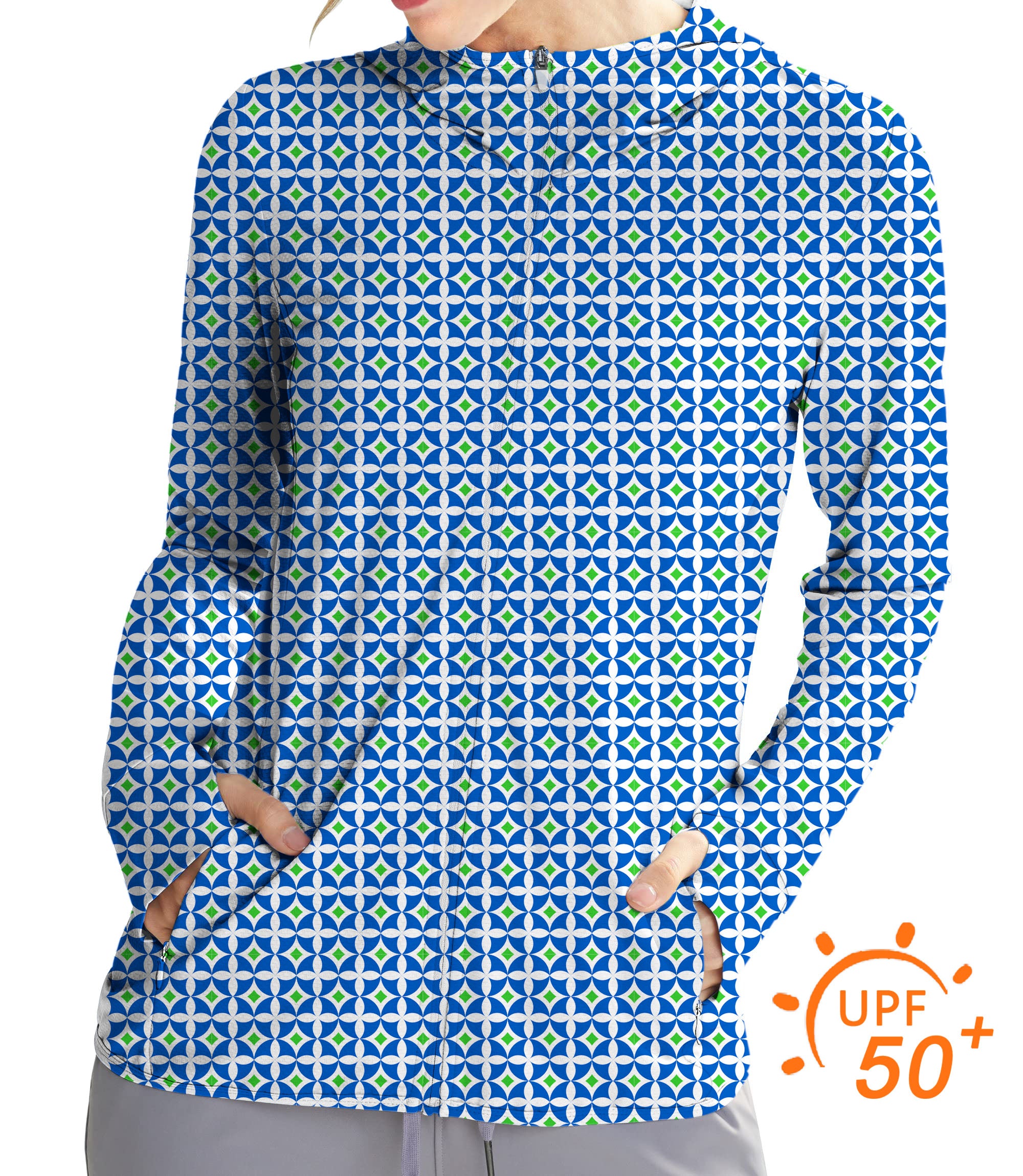 Women's Outdoor Blue-Green Diamond Golf Sun Protection Slim Fit zip hoodies