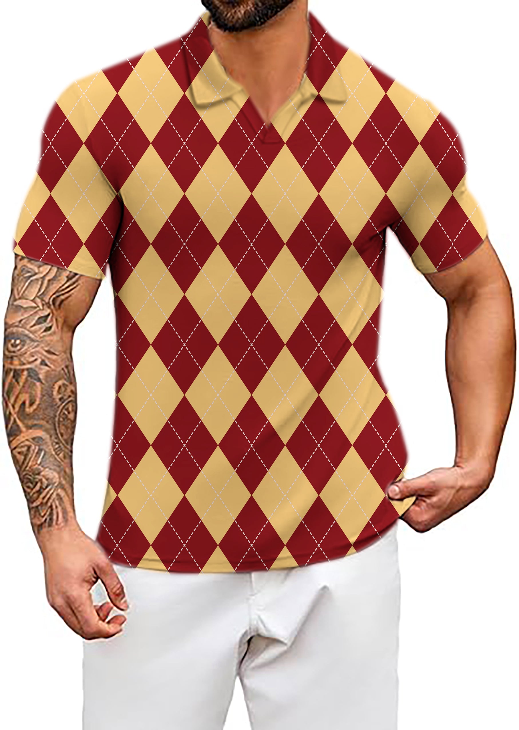 Men's yellow red Argyle V Neck Golf Polo Shirts