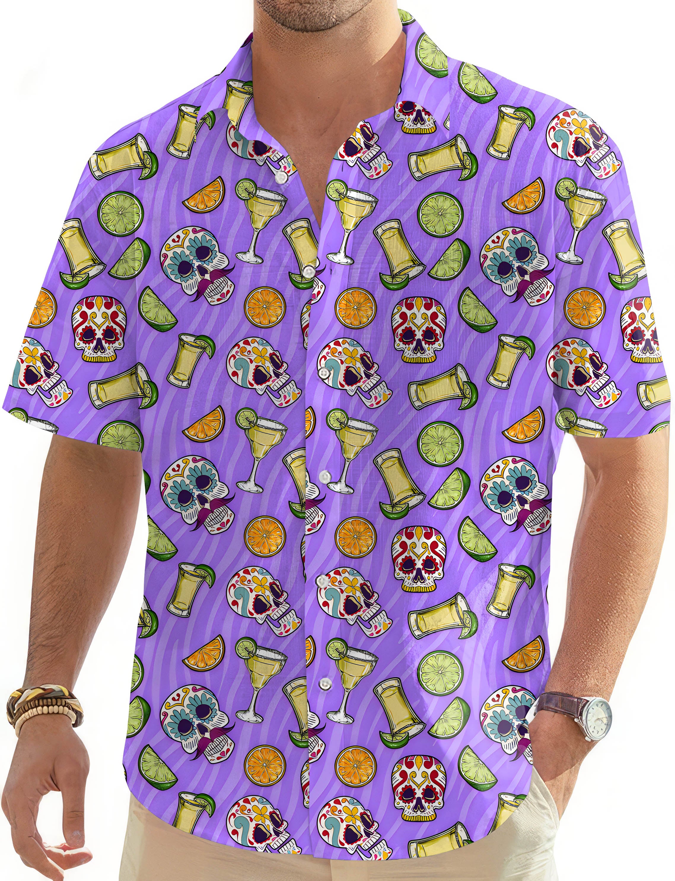 Summer Tequila skull-Men's Golf Hawaiian Shirts Button Down Shirt